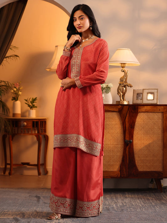 Libas Art Orange Embroidered Chinon Straight Suit Set With Dupatta