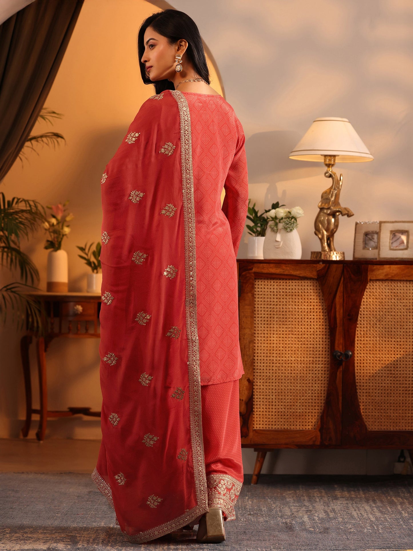 Libas Art Orange Embroidered Chinon Straight Suit Set With Dupatta