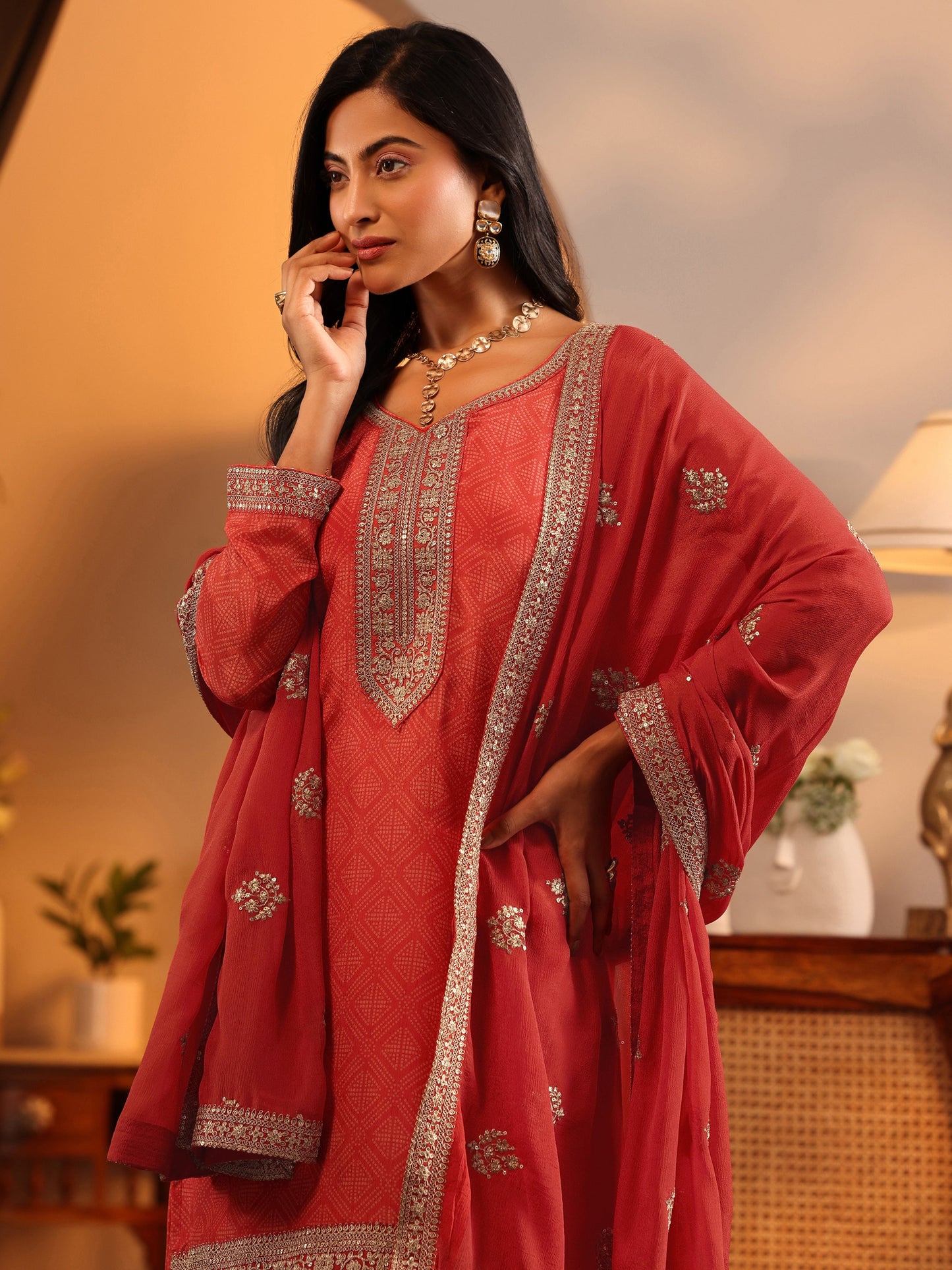 Libas Art Orange Embroidered Chinon Straight Suit Set With Dupatta