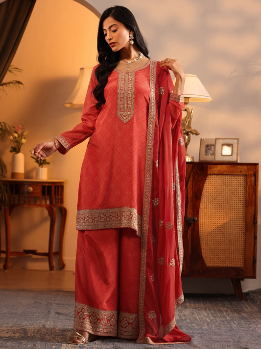 Libas Art Orange Embroidered Chinon Straight Suit Set With Dupatta