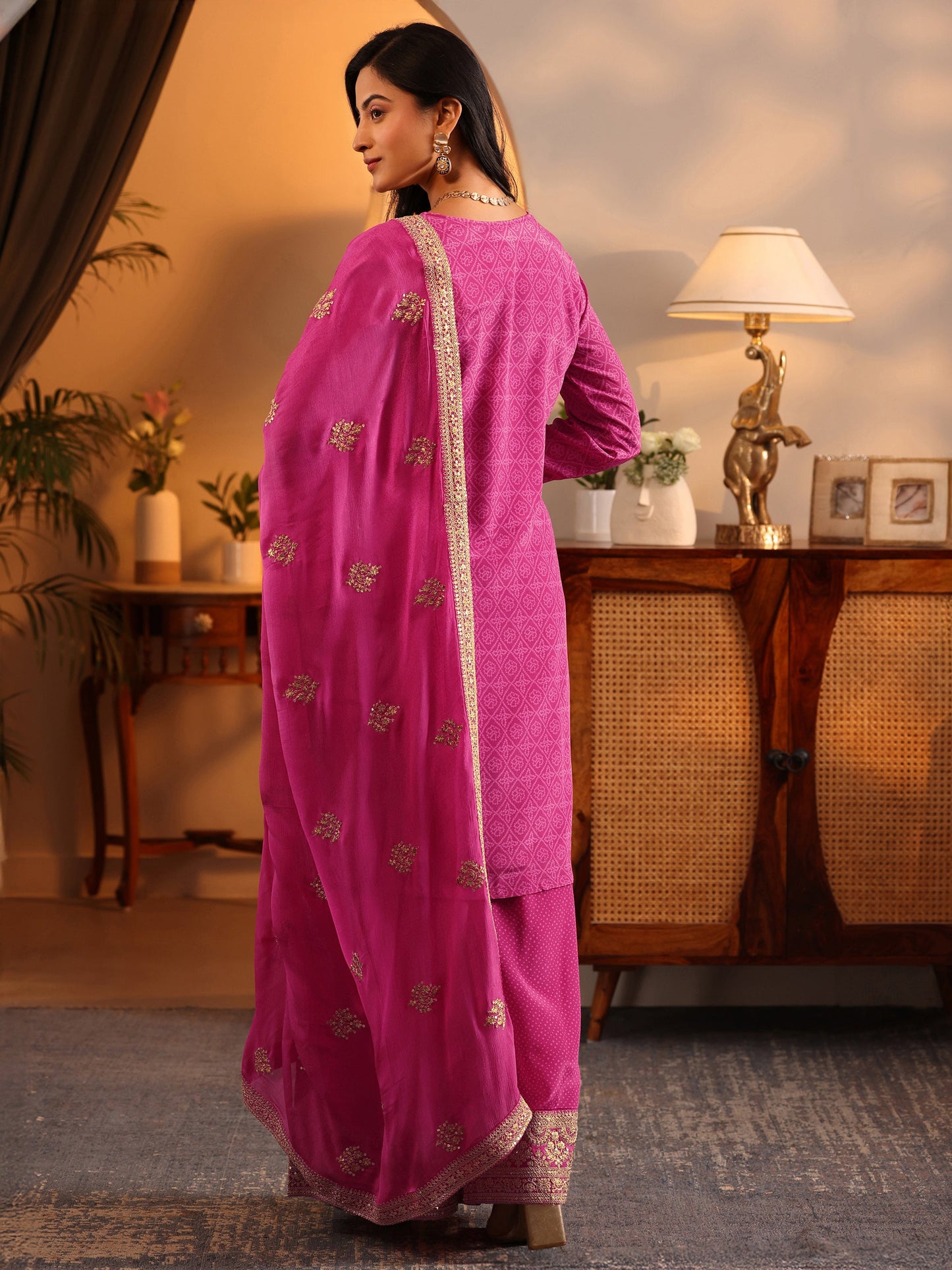Libas Art Pink Embroidered Chinon Straight Suit Set With Dupatta