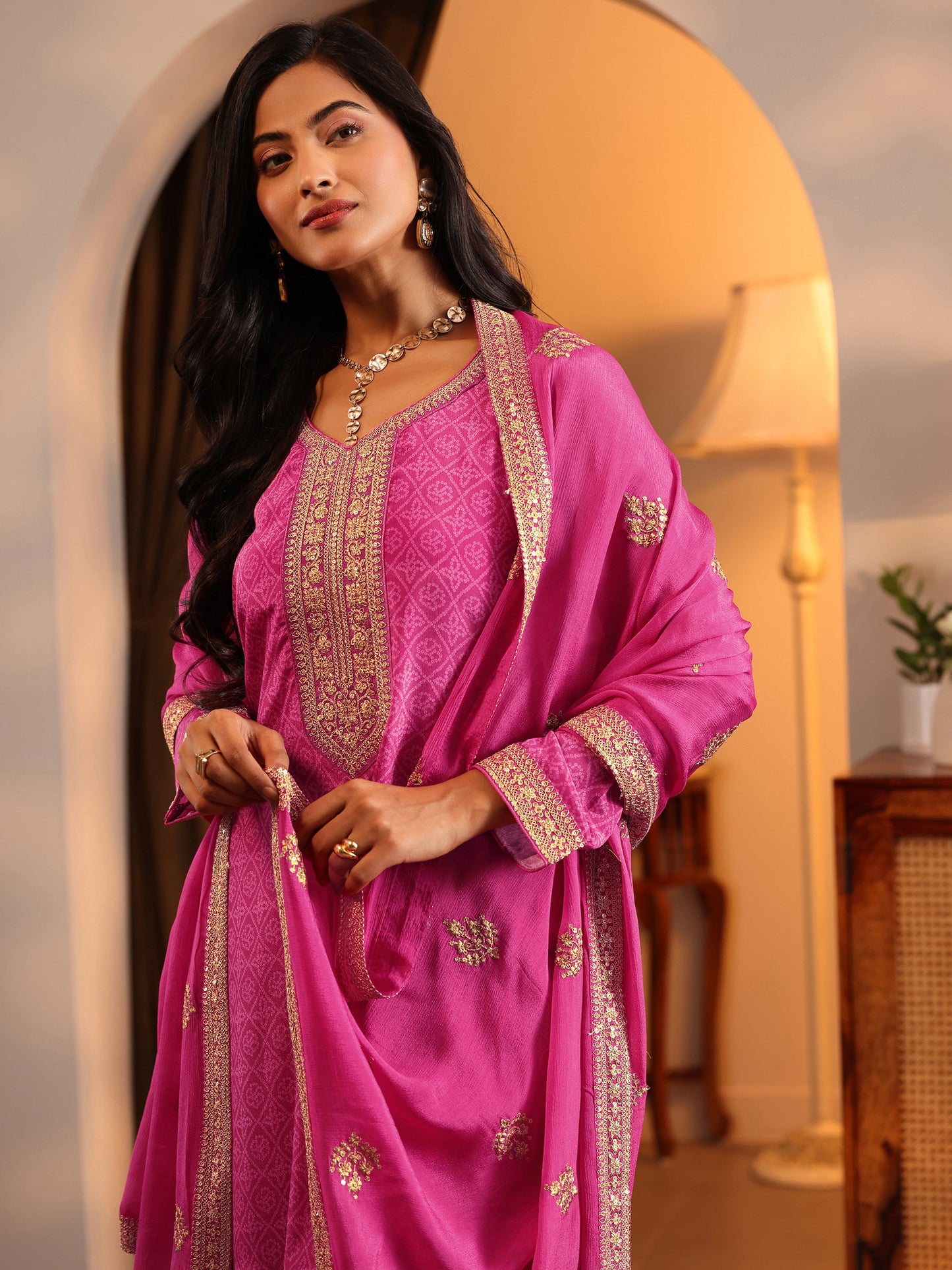 Libas Art Pink Embroidered Chinon Straight Suit Set With Dupatta