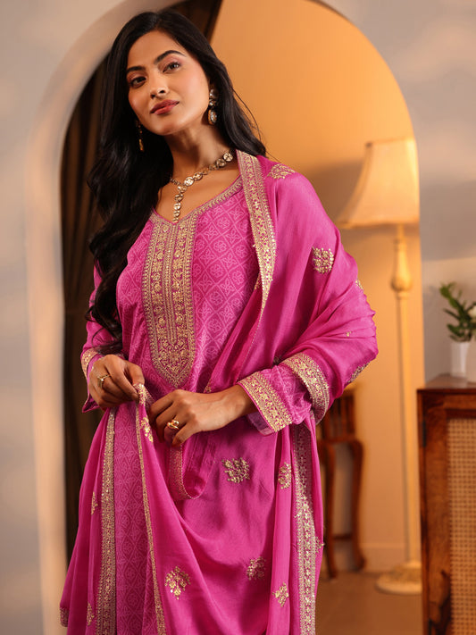 Libas Art Pink Embroidered Chinon Straight Suit Set With Dupatta