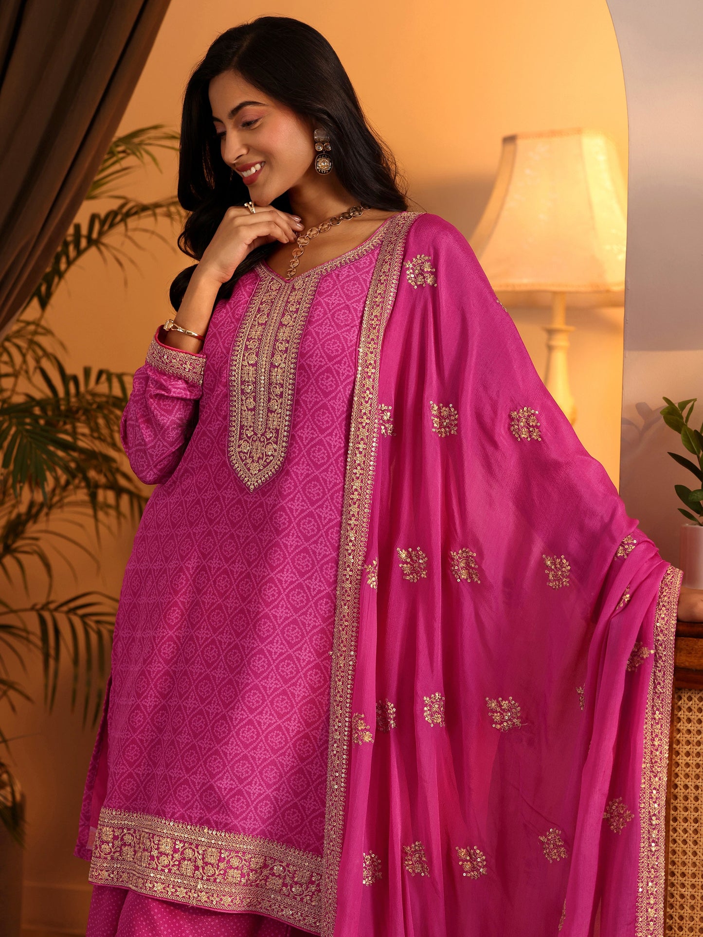 Libas Art Pink Embroidered Chinon Straight Suit Set With Dupatta
