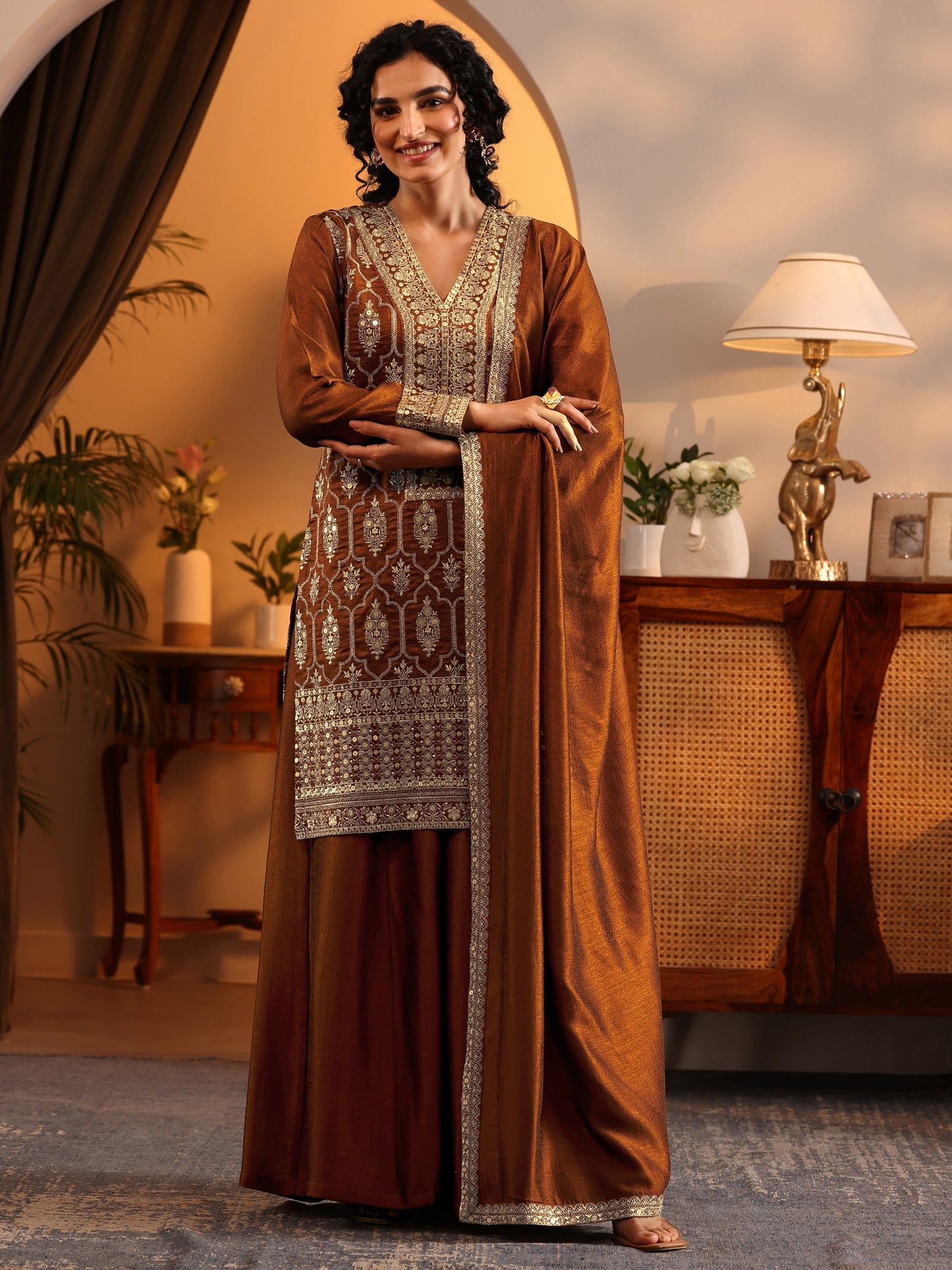 Libas Art Brown Embroidered Silk Blend Straight Suit Set With Dupatta