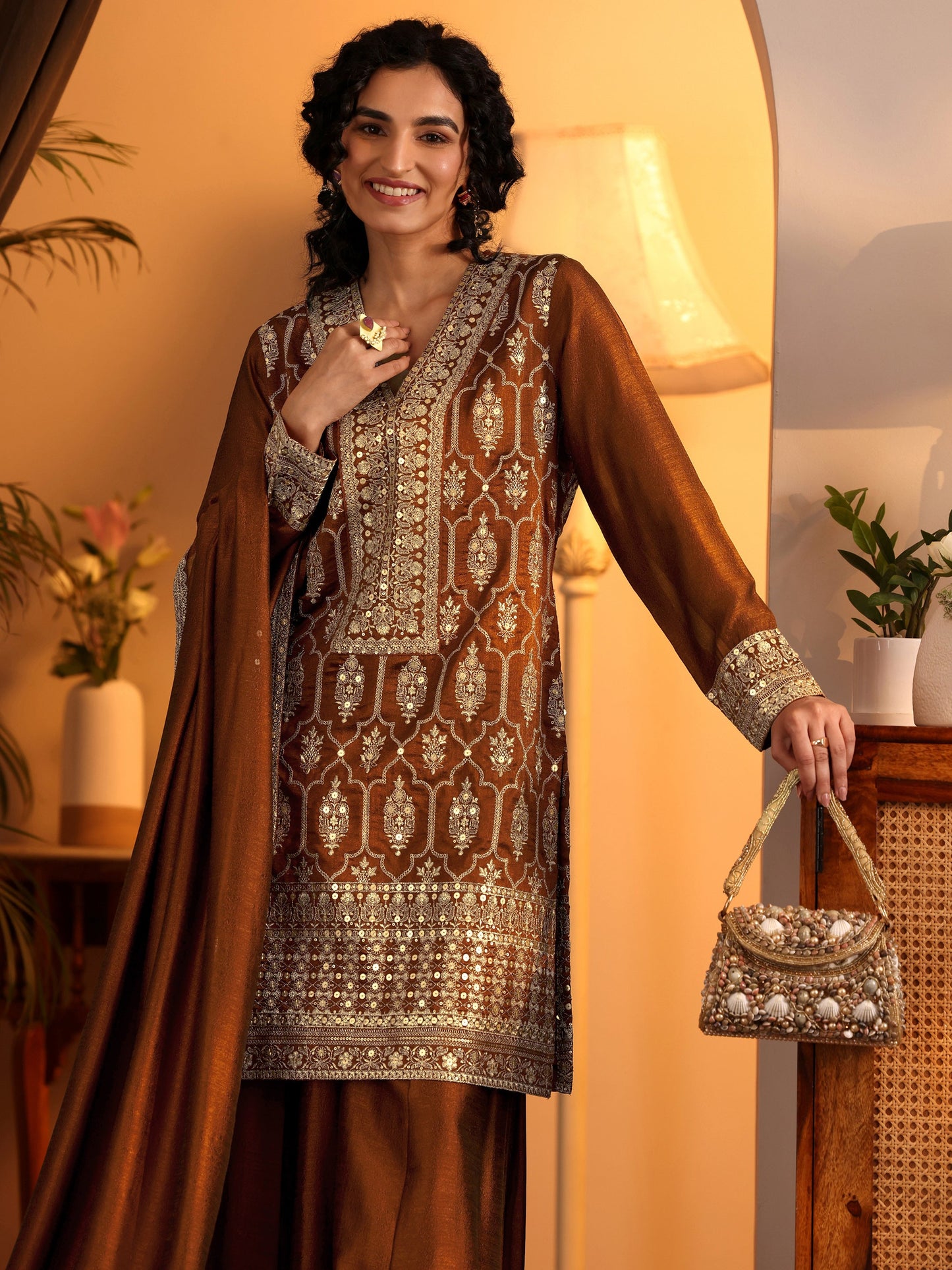 Libas Art Brown Embroidered Silk Blend Straight Suit Set With Dupatta