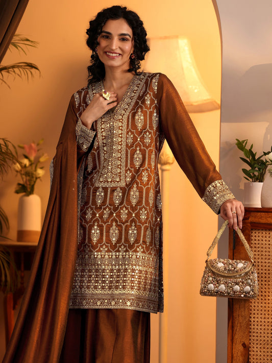 Libas Art Brown Embroidered Silk Blend Straight Suit Set With Dupatta
