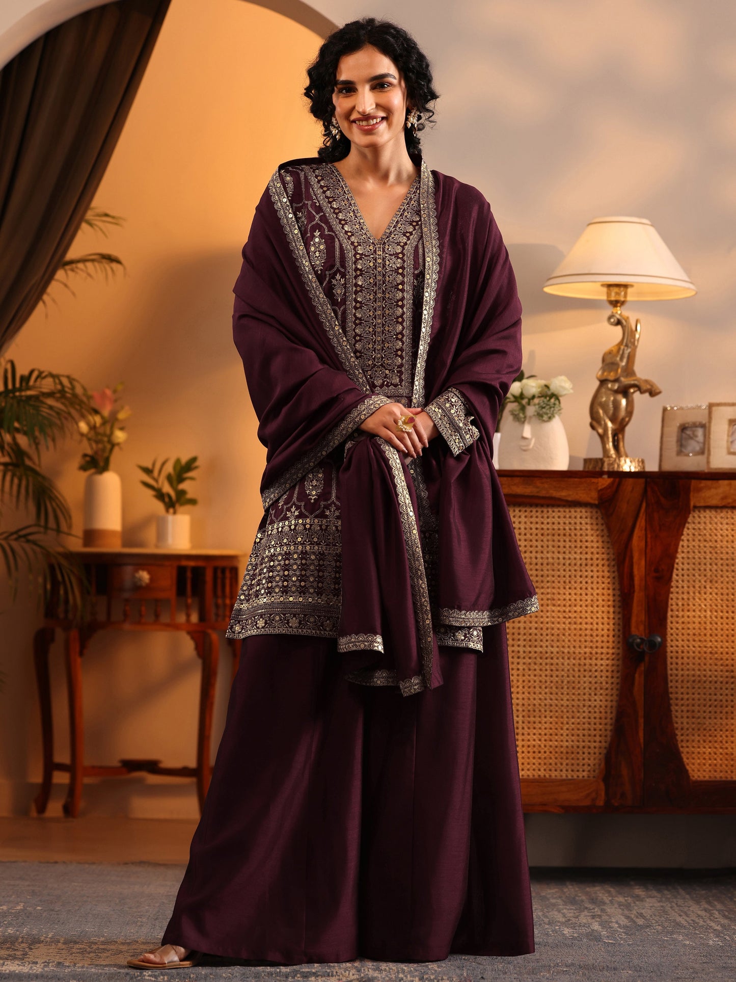Libas Art Maroon Embroidered Silk Blend Straight Suit Set With Dupatta