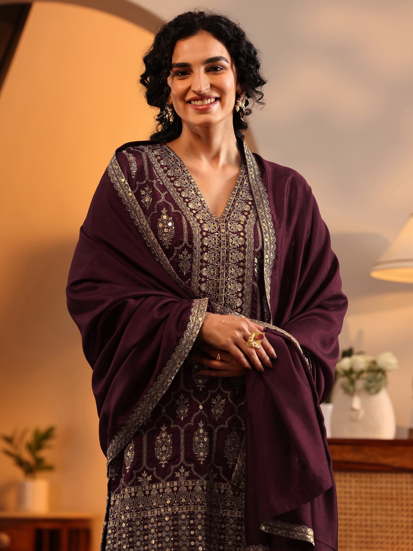 Libas Art Maroon Embroidered Silk Blend Straight Suit Set With Dupatta