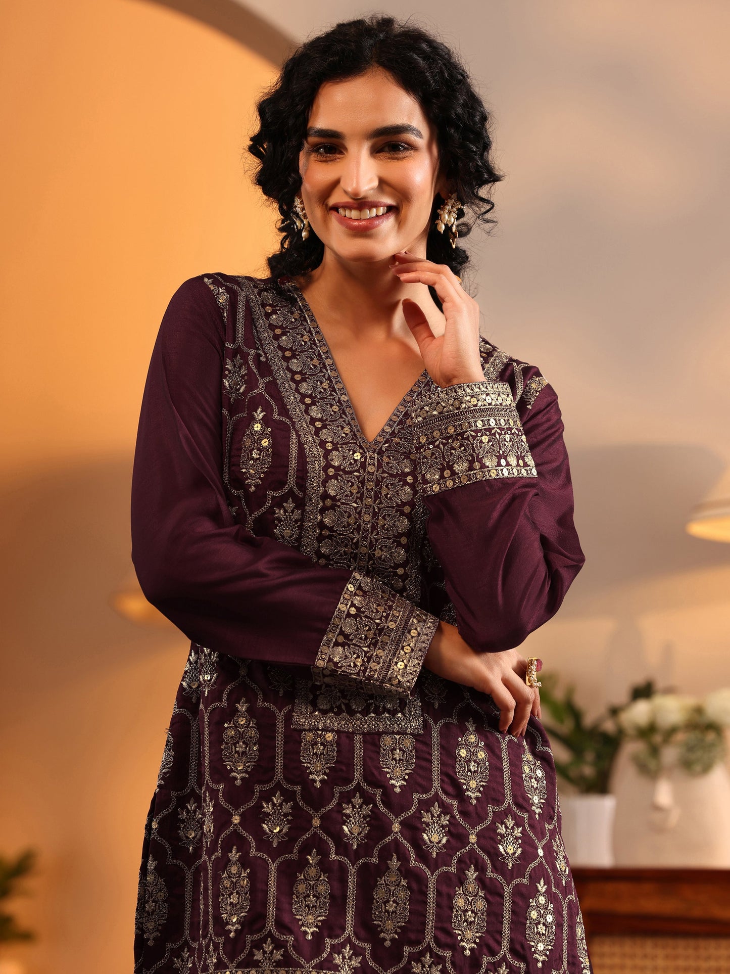 Libas Art Maroon Embroidered Silk Blend Straight Suit Set With Dupatta