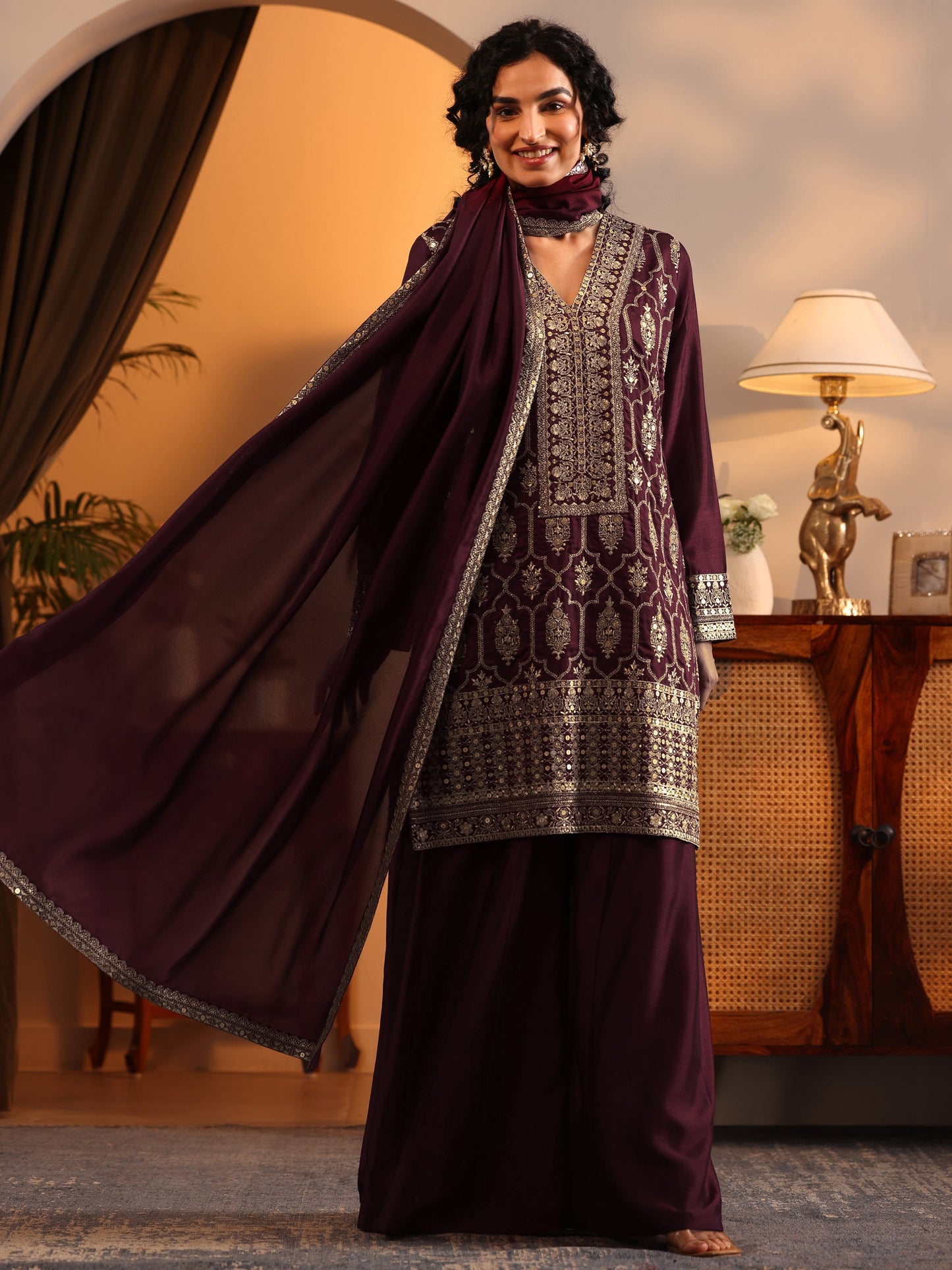 Libas Art Maroon Embroidered Silk Blend Straight Suit Set With Dupatta