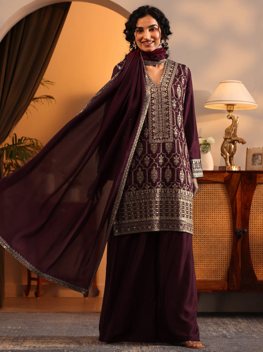 Libas Art Maroon Embroidered Silk Blend Straight Suit Set With Dupatta
