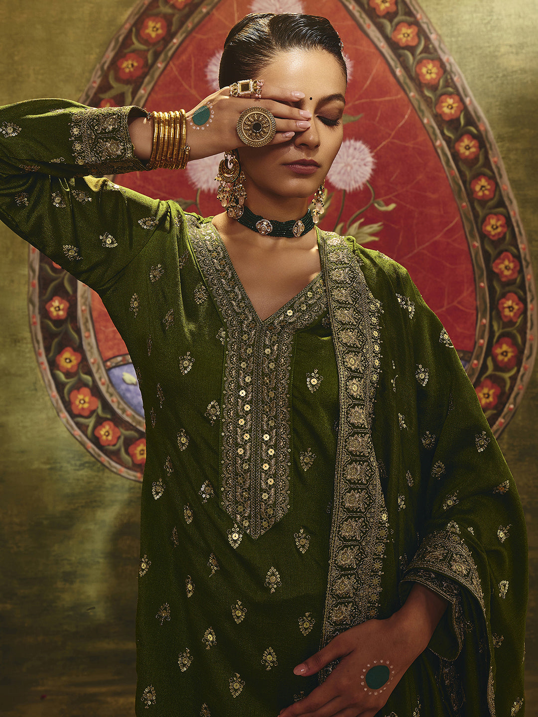 Ira Libas Art Olive Embroidered Silk Blend Straight Suit Set With Dupatta