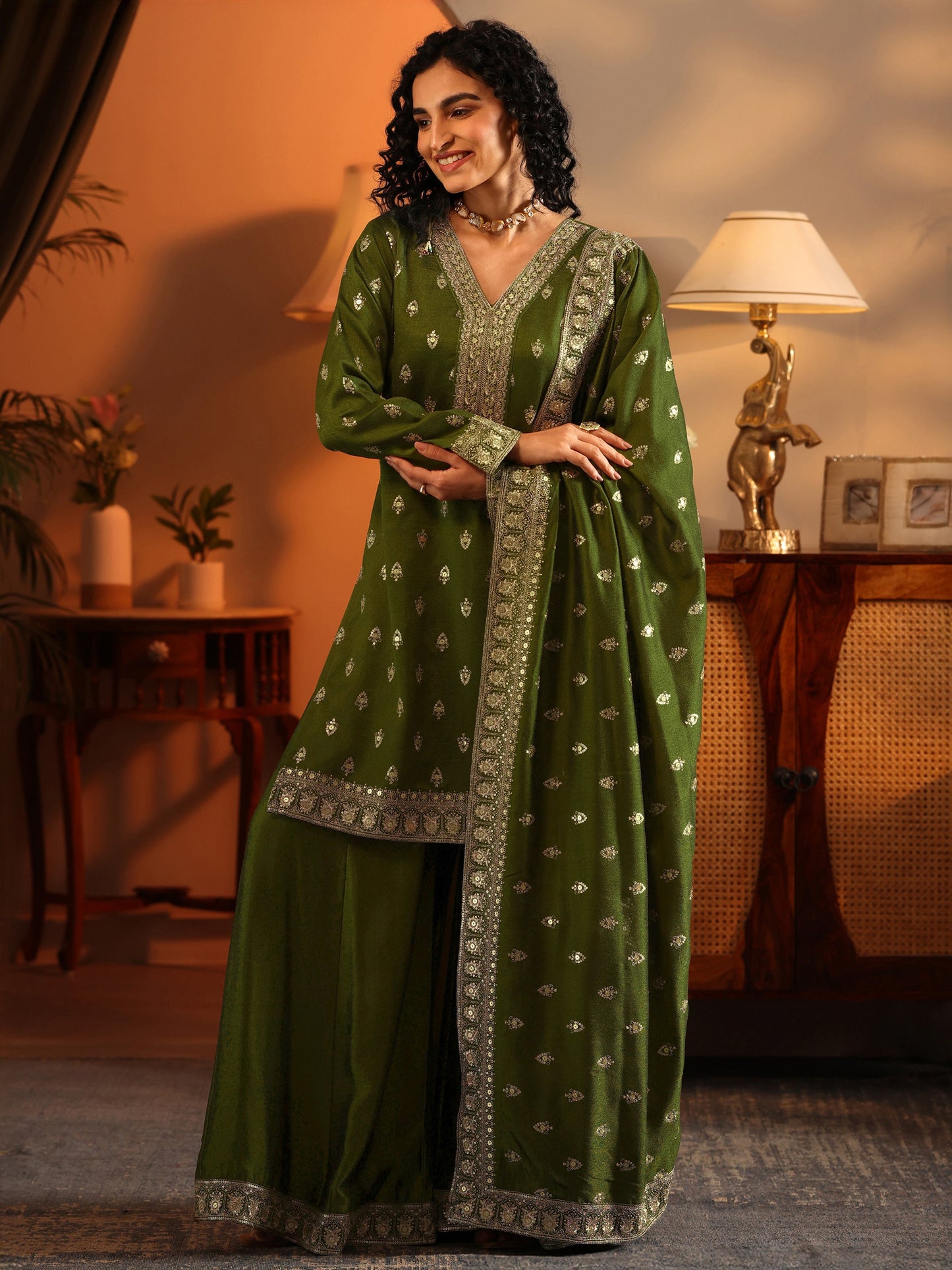 Ira Libas Art Olive Embroidered Silk Blend Straight Suit Set With Dupatta