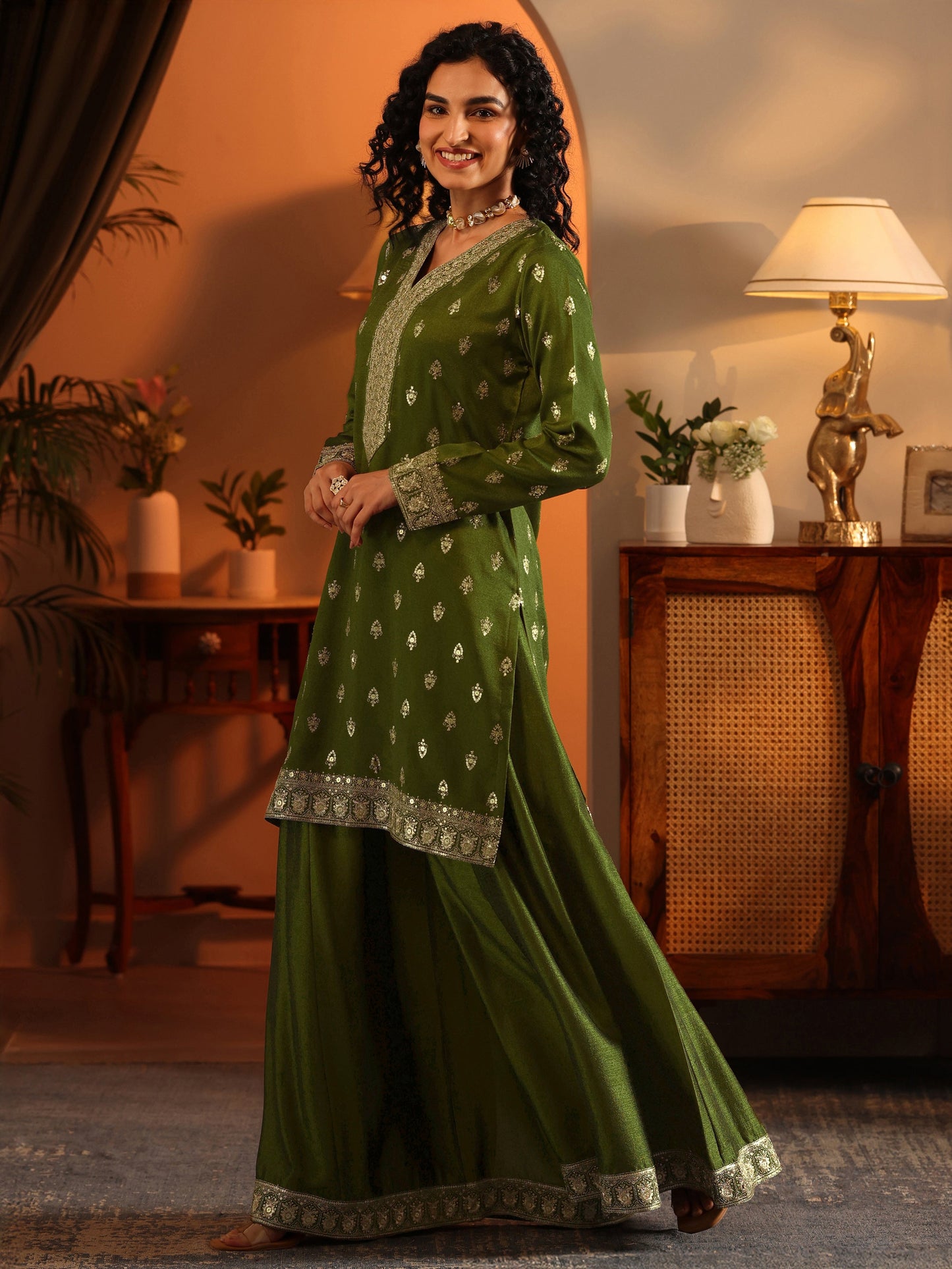 Ira Libas Art Olive Embroidered Silk Blend Straight Suit Set With Dupatta