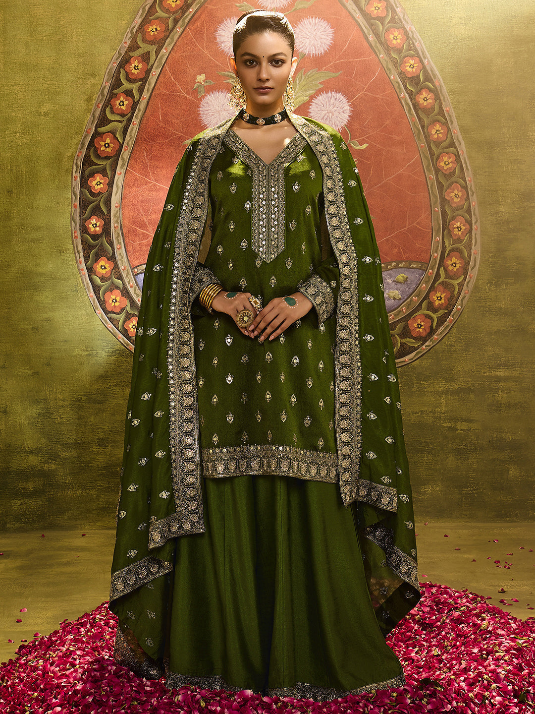 Ira Libas Art Olive Embroidered Silk Blend Straight Suit Set With Dupatta