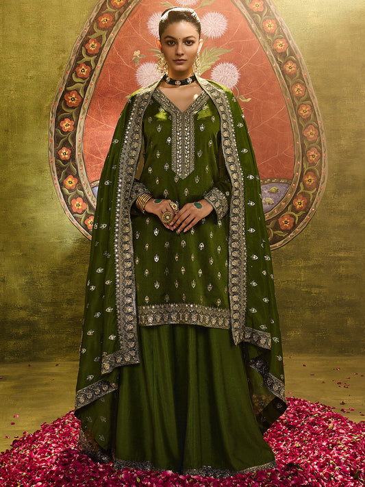 Ira Libas Art Olive Embroidered Silk Blend Straight Suit Set With Dupatta