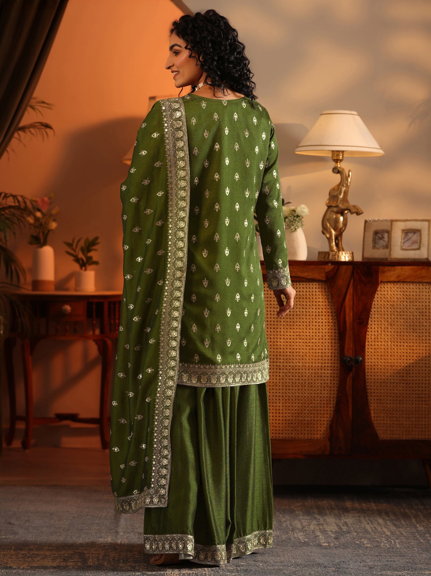 Ira Libas Art Olive Embroidered Silk Blend Straight Suit Set With Dupatta