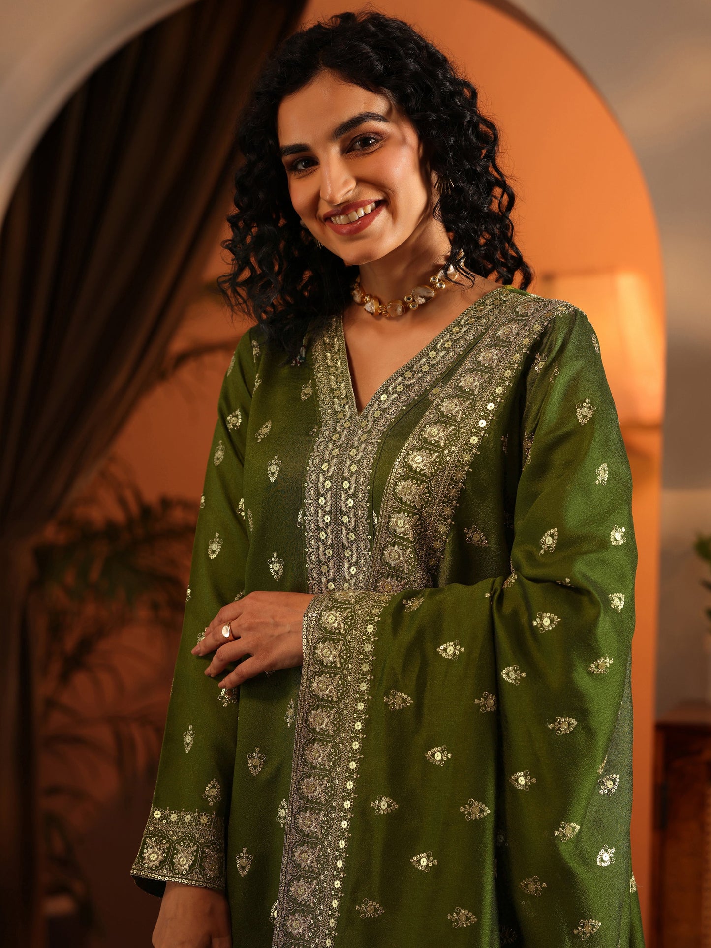 Ira Libas Art Olive Embroidered Silk Blend Straight Suit Set With Dupatta