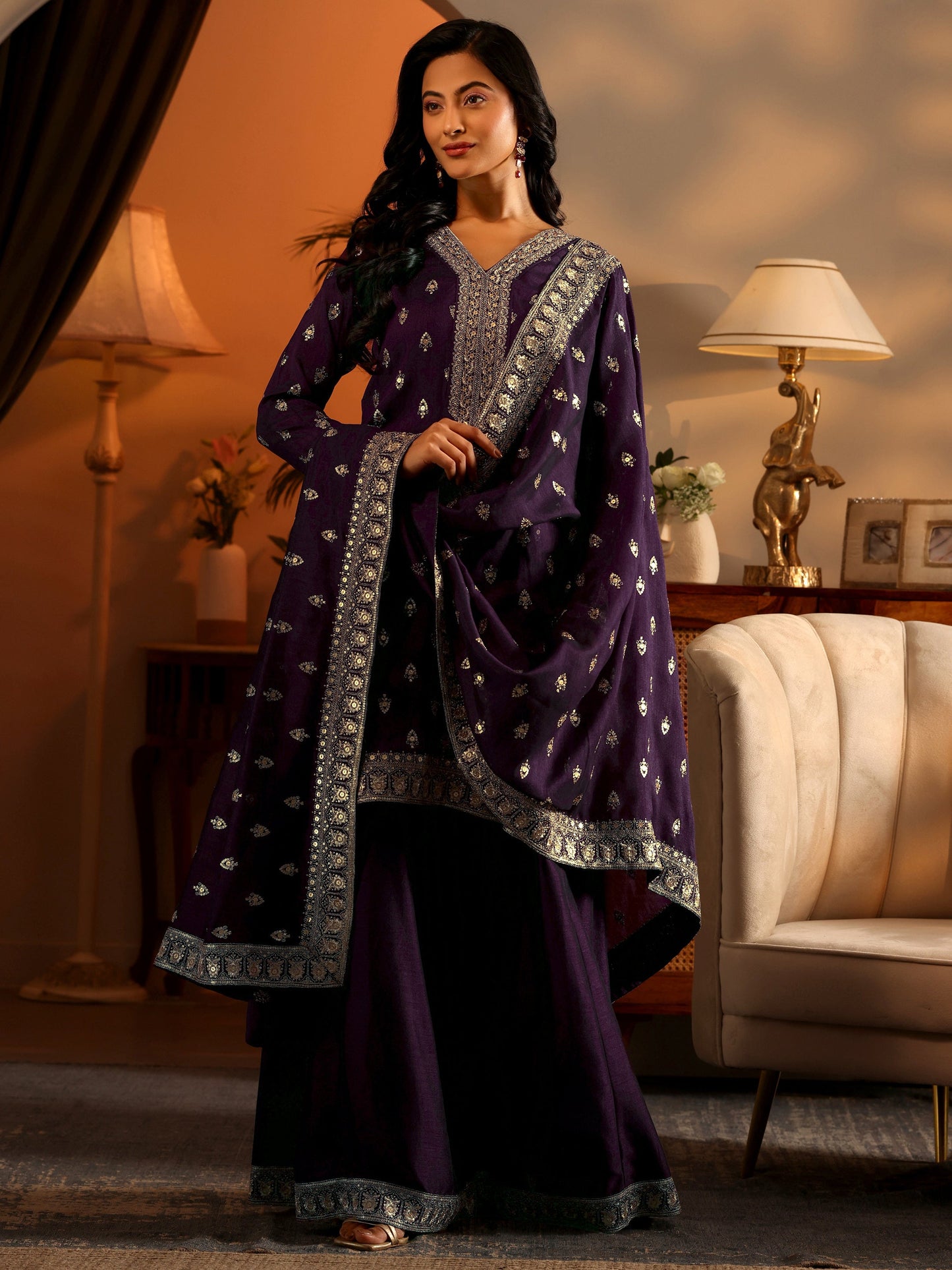 Libas Art Magenta Woven Design Silk Blend Anarkali Suit Set With Dupatta