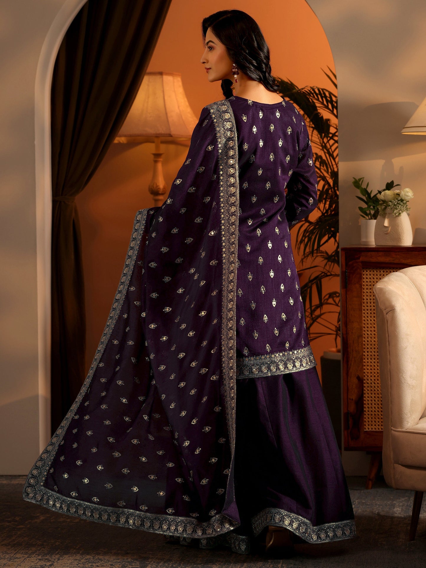 Libas Art Magenta Woven Design Silk Blend Anarkali Suit Set With Dupatta