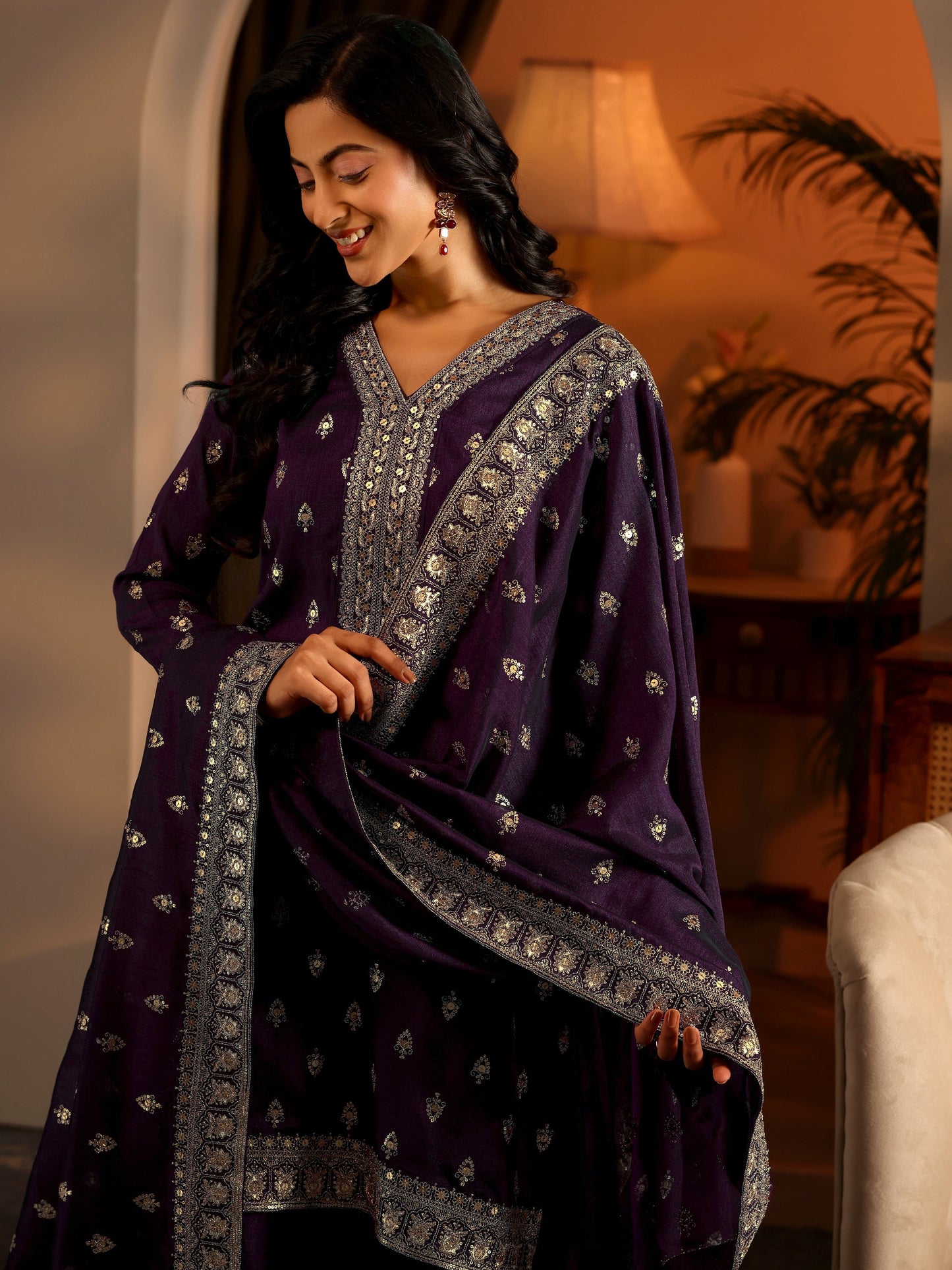 Libas Art Purple Embroidered Silk Blend Straight Suit Set With Dupatta