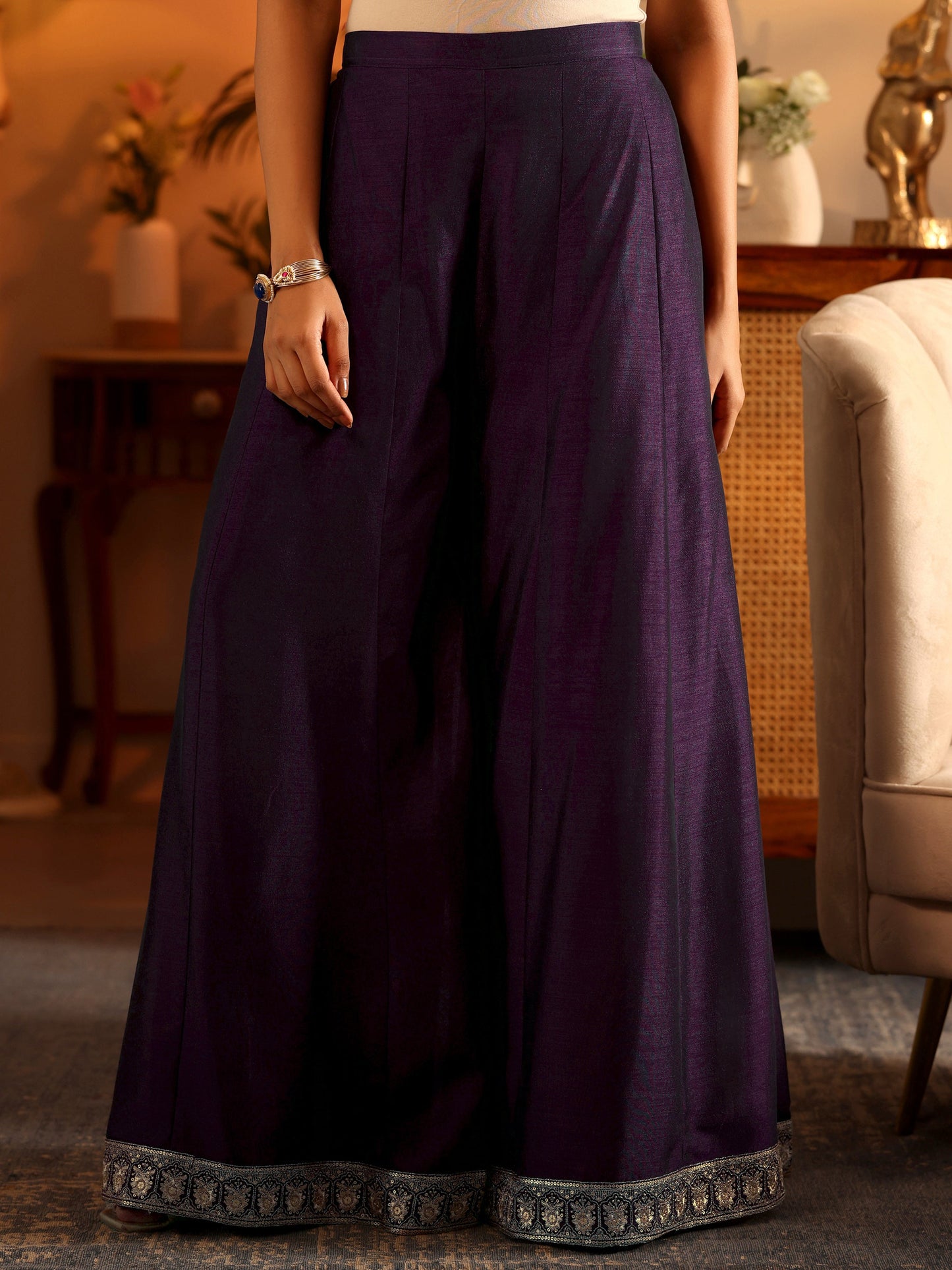 Libas Art Purple Embroidered Silk Blend Straight Suit Set With Dupatta