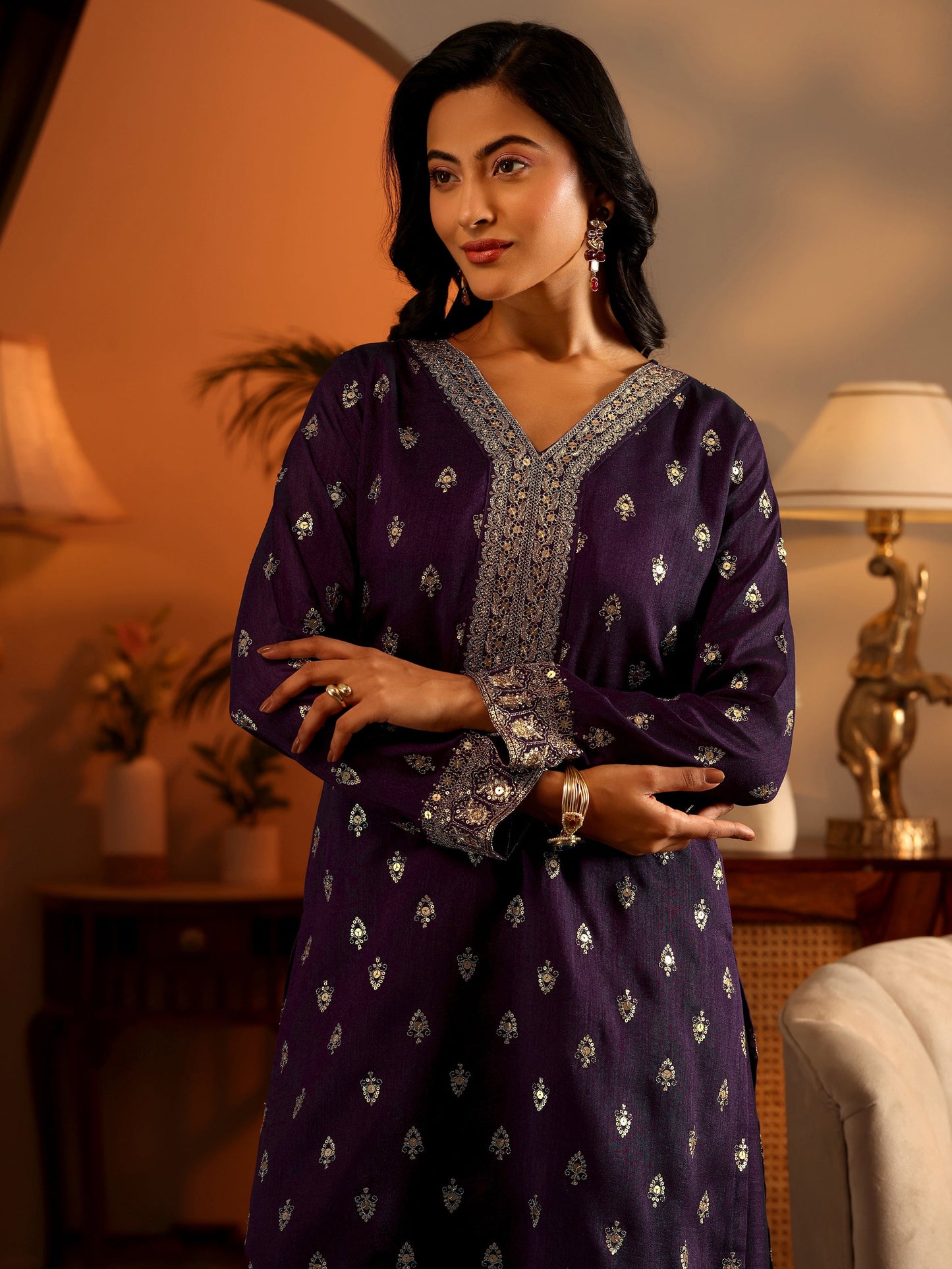 Libas Art Purple Embroidered Silk Blend Straight Suit Set With Dupatta