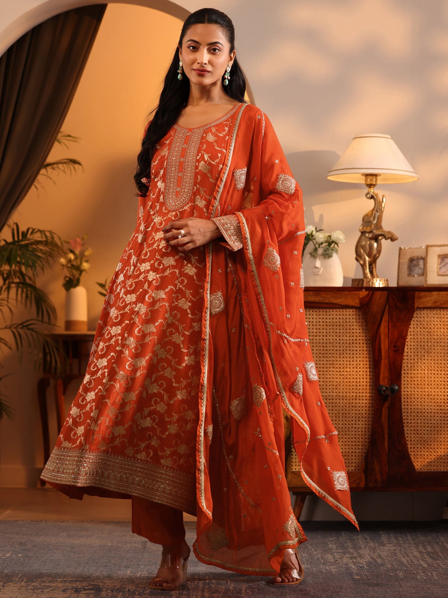Libas Art Orange Woven Design Silk Blend Anarkali Suit Set With Dupatta