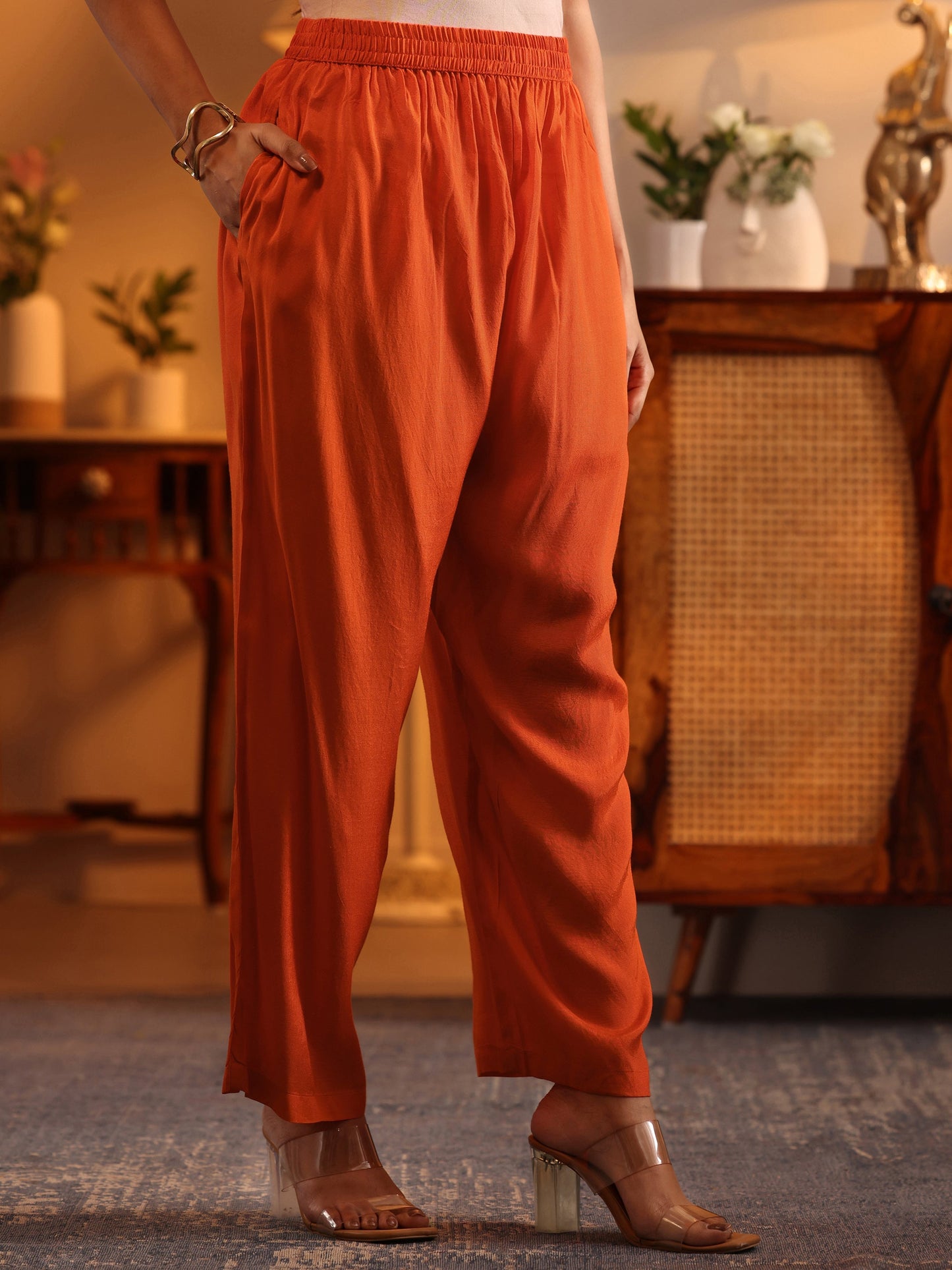 Libas Art Orange Woven Design Silk Blend Anarkali Suit Set With Dupatta