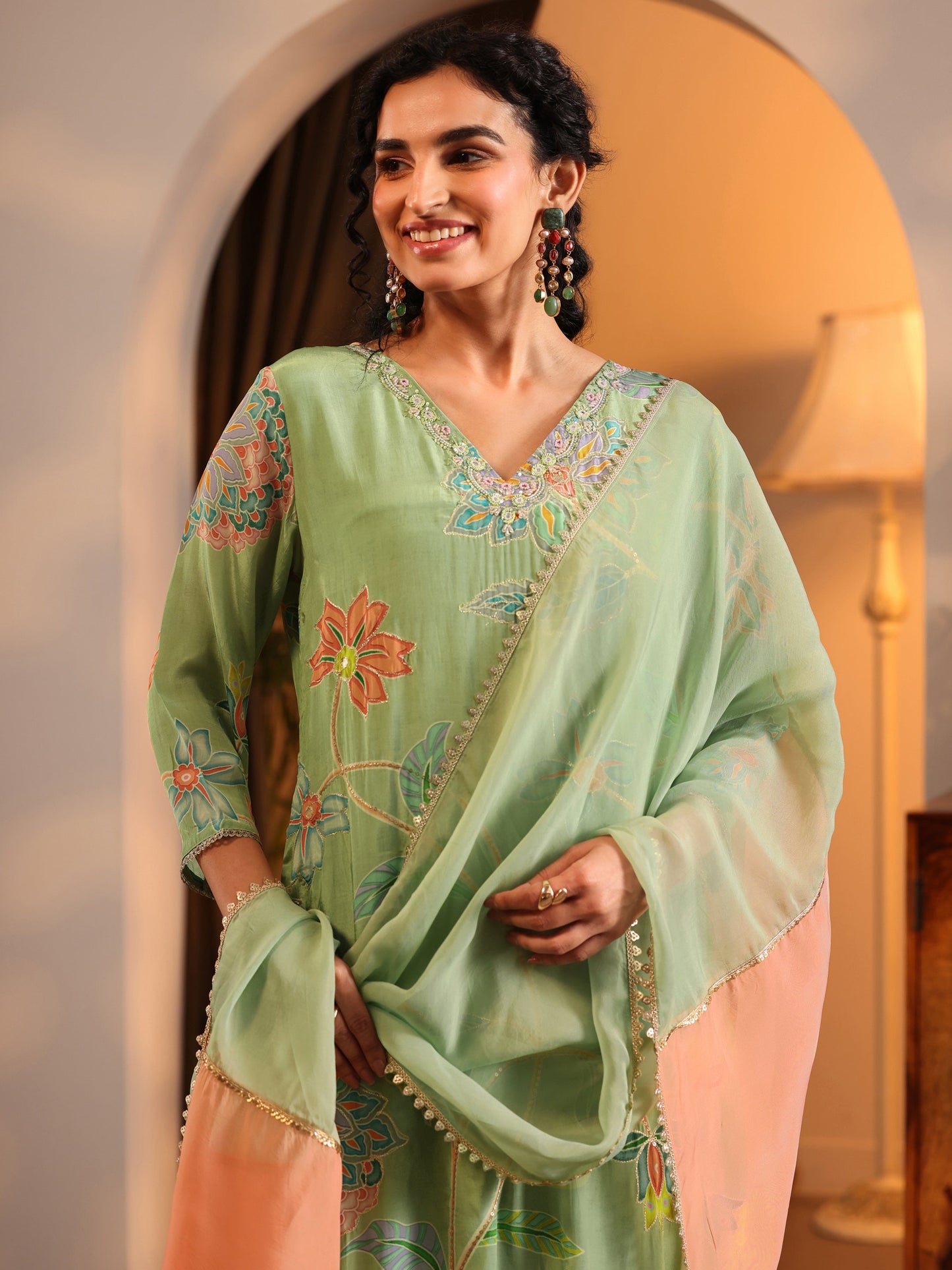 Libas Art Green Printed Crepe Straight Suit Set With Dupatta