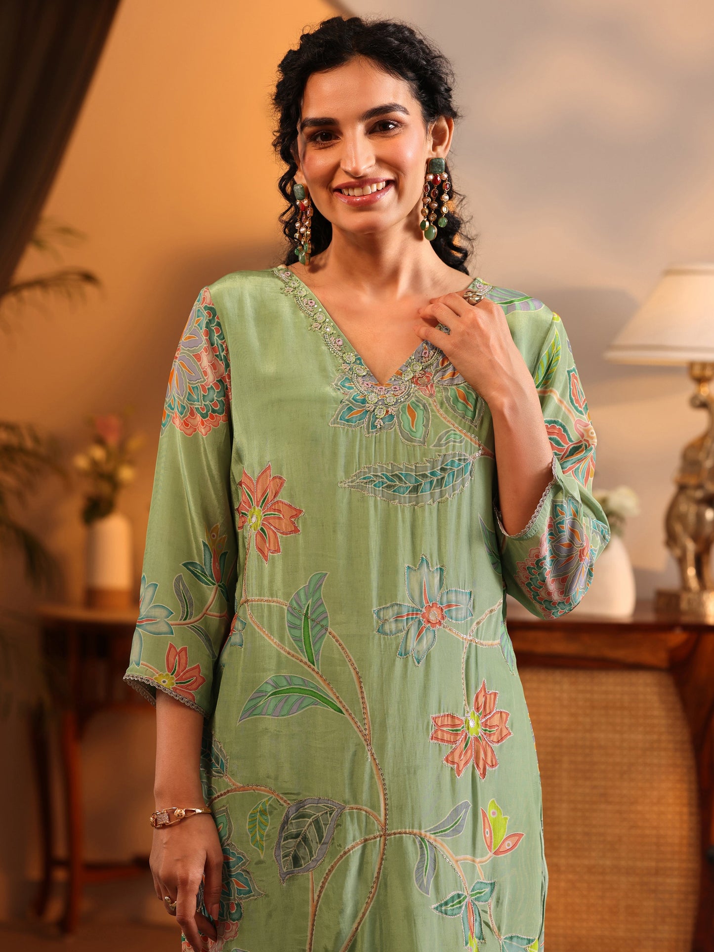 Libas Art Green Printed Crepe Straight Suit Set With Dupatta