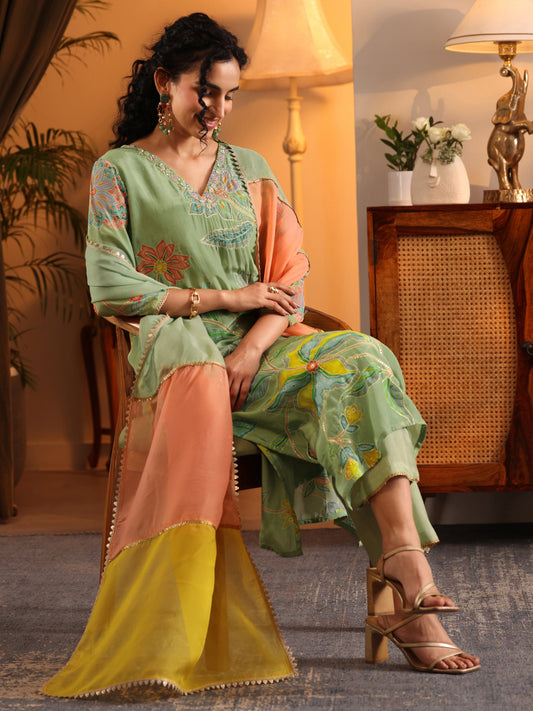 Libas Art Green Printed Crepe Straight Suit Set With Dupatta