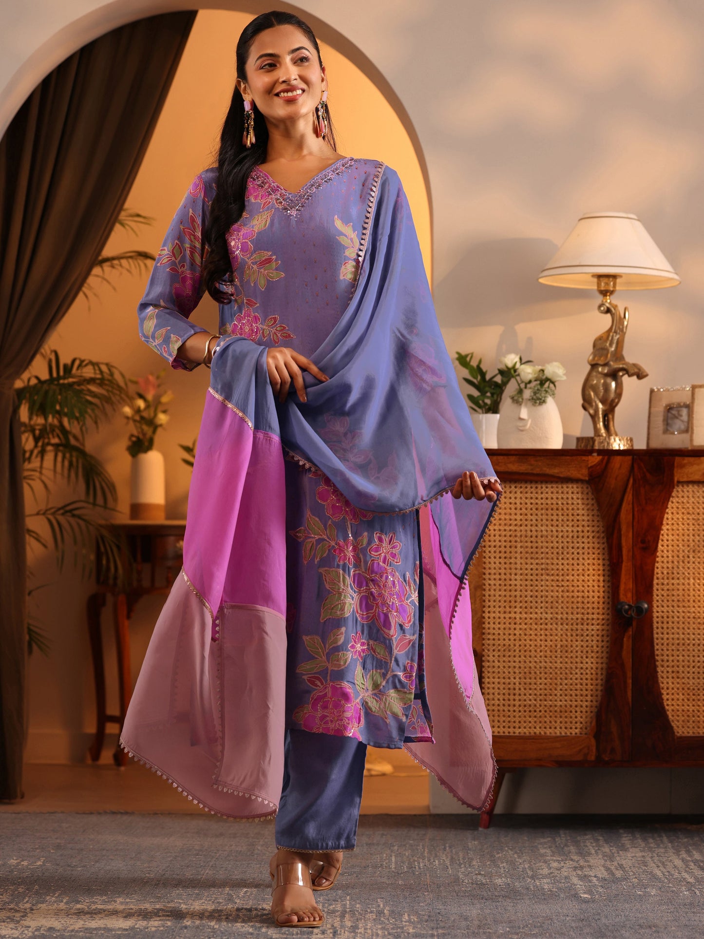 Libas Art Lavender Embellished Crepe Straight Suit Set With Dupatta