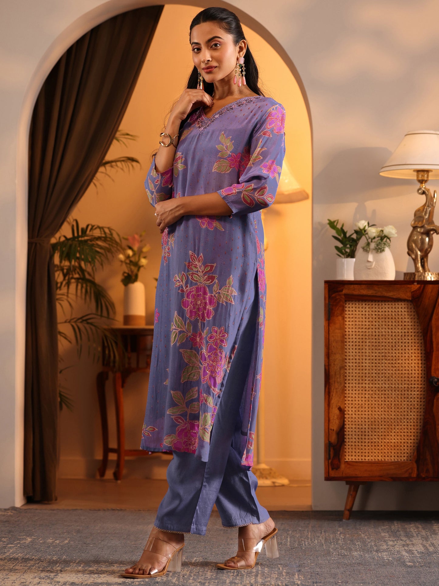 Libas Art Lavender Embellished Crepe Straight Suit Set With Dupatta