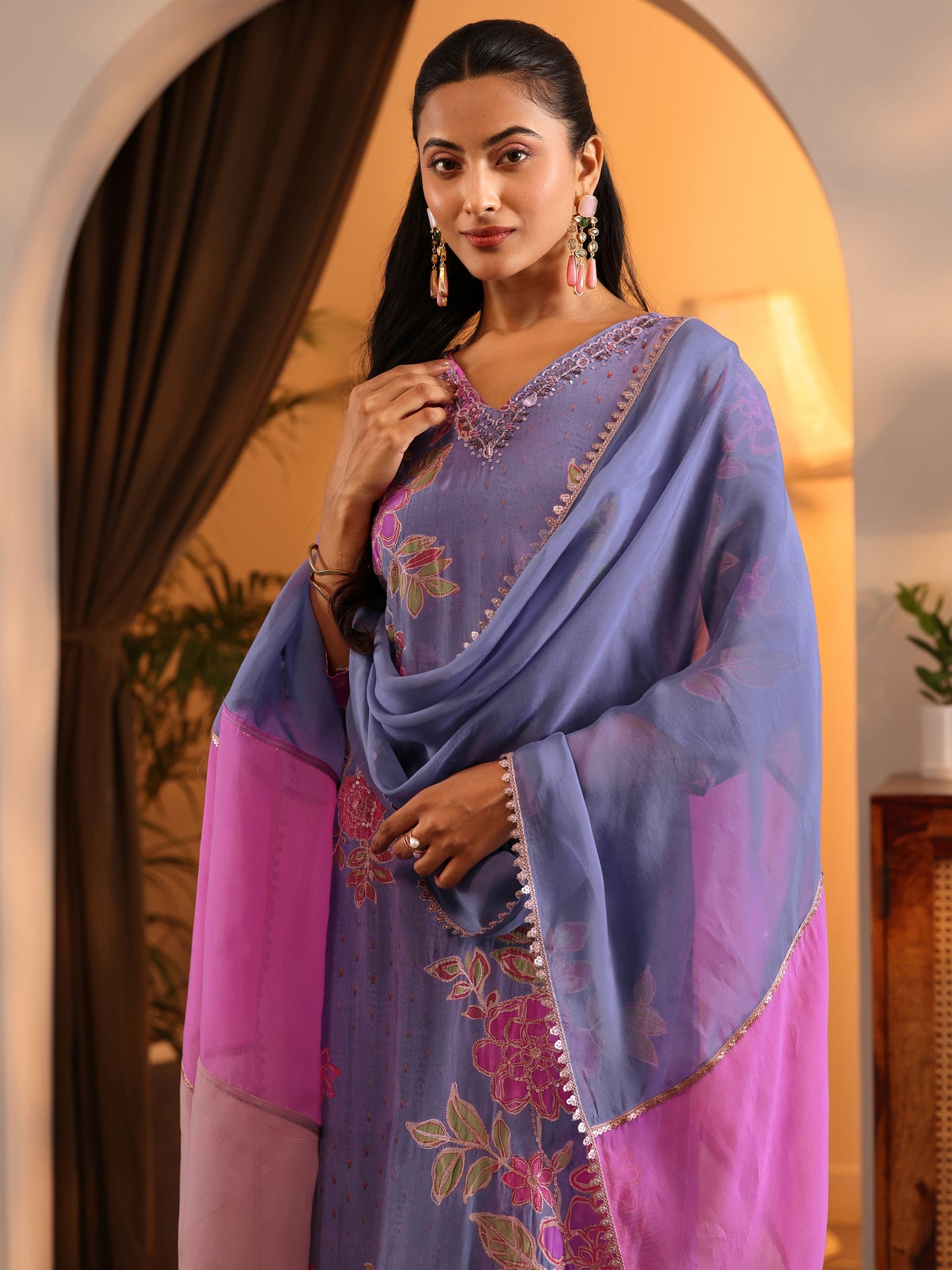 Libas Art Lavender Embellished Crepe Straight Suit Set With Dupatta