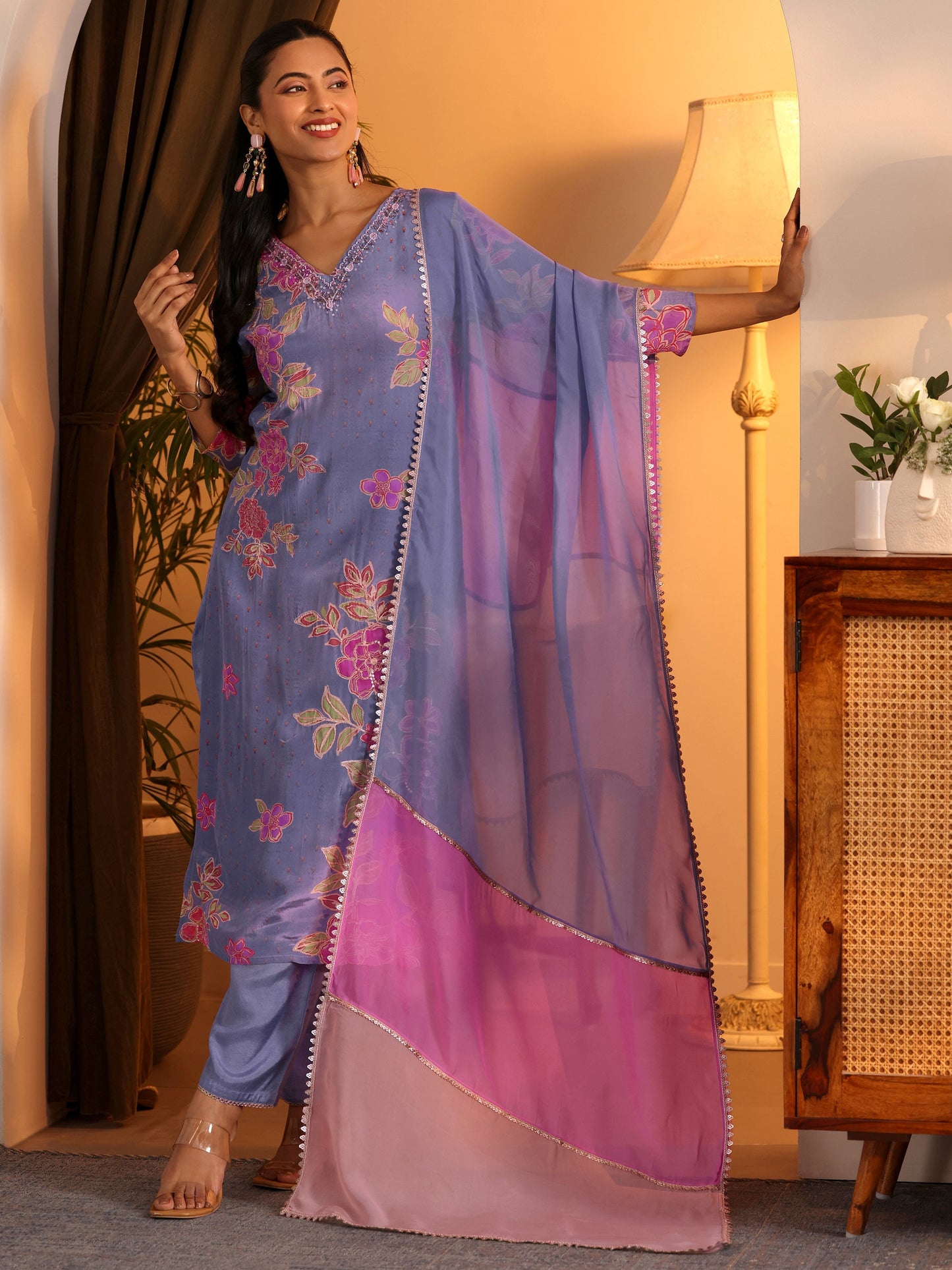 Libas Art Lavender Embellished Crepe Straight Suit Set With Dupatta