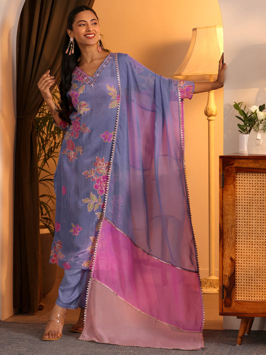 Libas Art Lavender Embellished Crepe Straight Suit Set With Dupatta