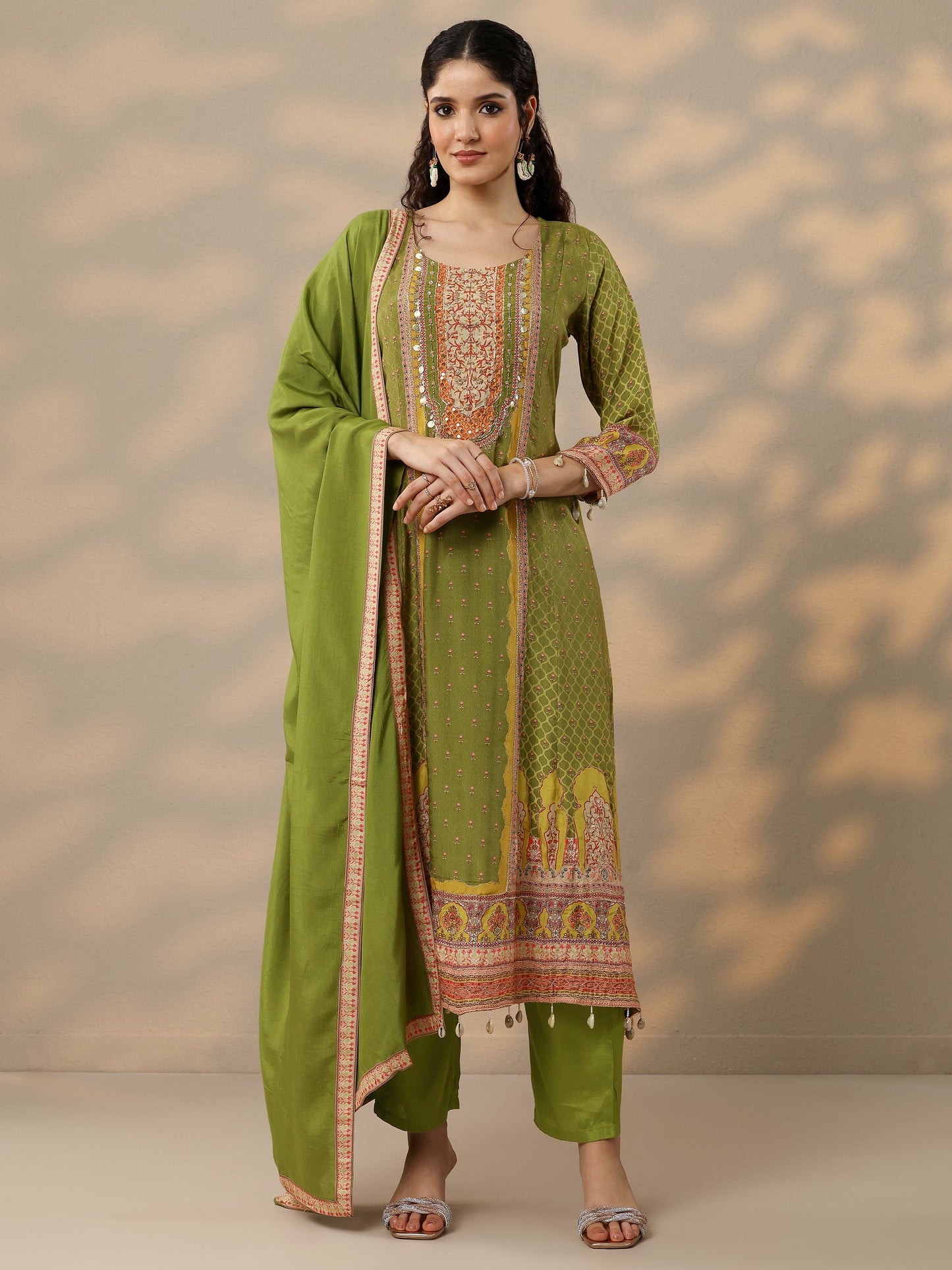 Libas Art Olive Printed Muslin A-Line Suit Set With Dupatta