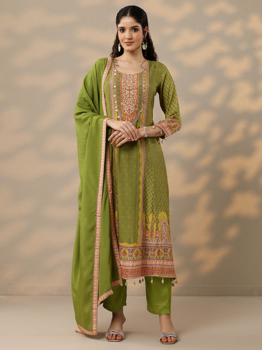 Libas Art Olive Printed Muslin A-Line Suit Set With Dupatta