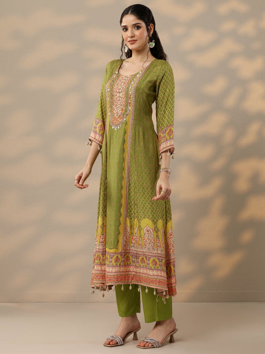 Libas Art Olive Printed Muslin A-Line Suit Set With Dupatta