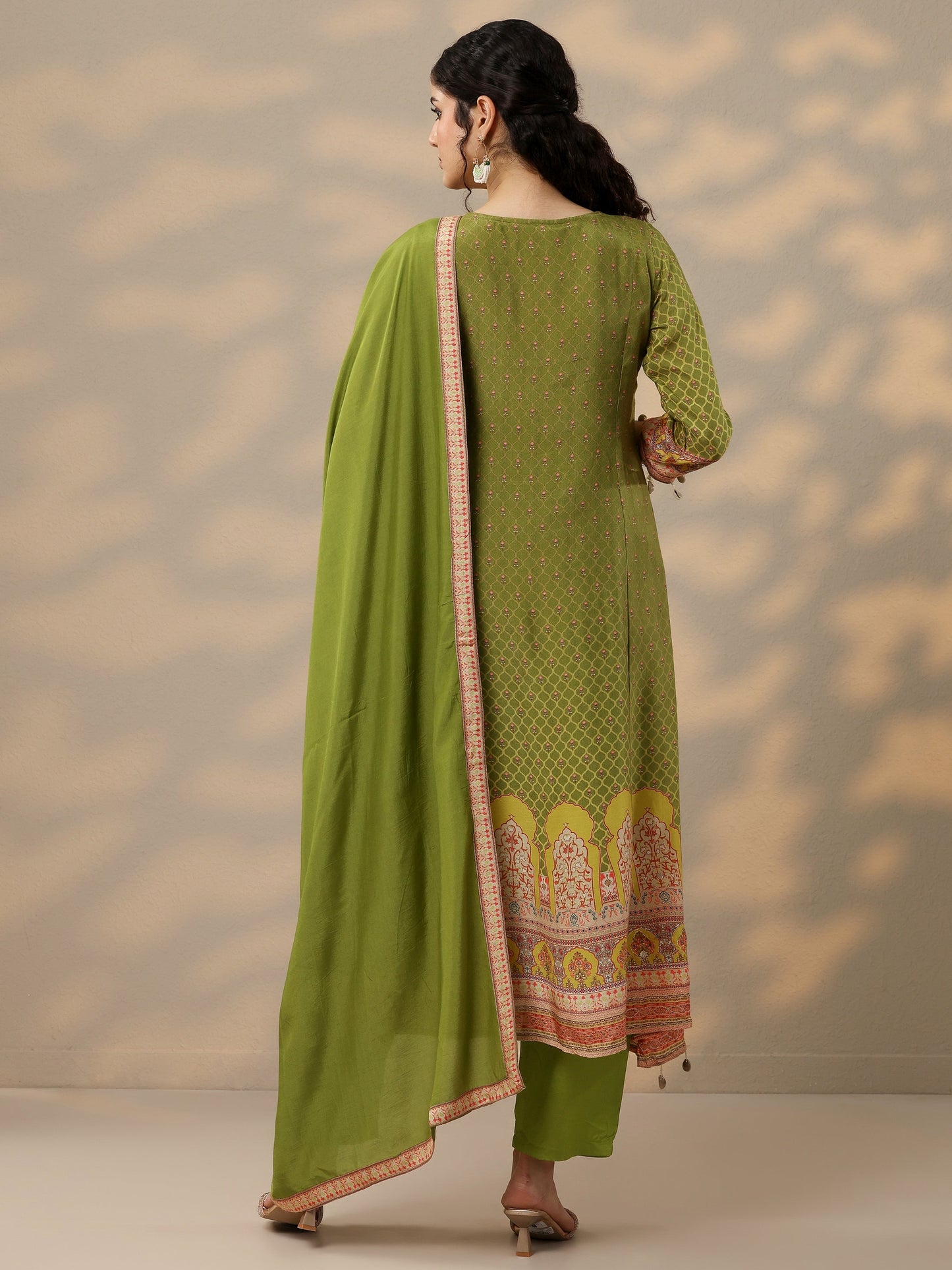 Libas Art Olive Printed Muslin A-Line Suit Set With Dupatta