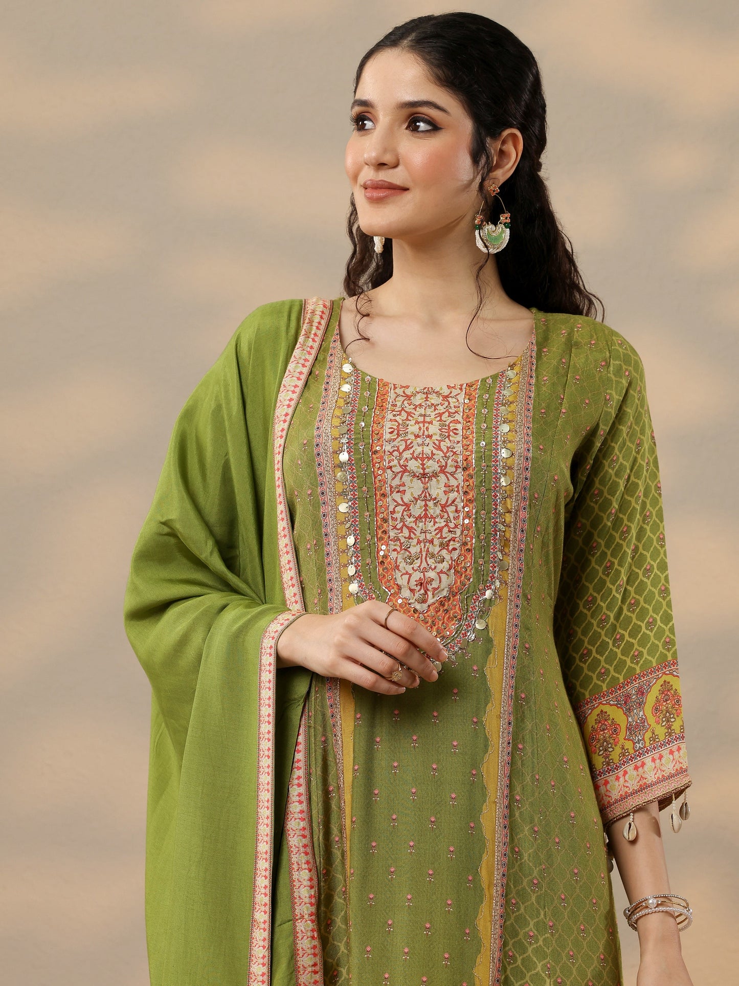 Libas Art Olive Printed Muslin A-Line Suit Set With Dupatta