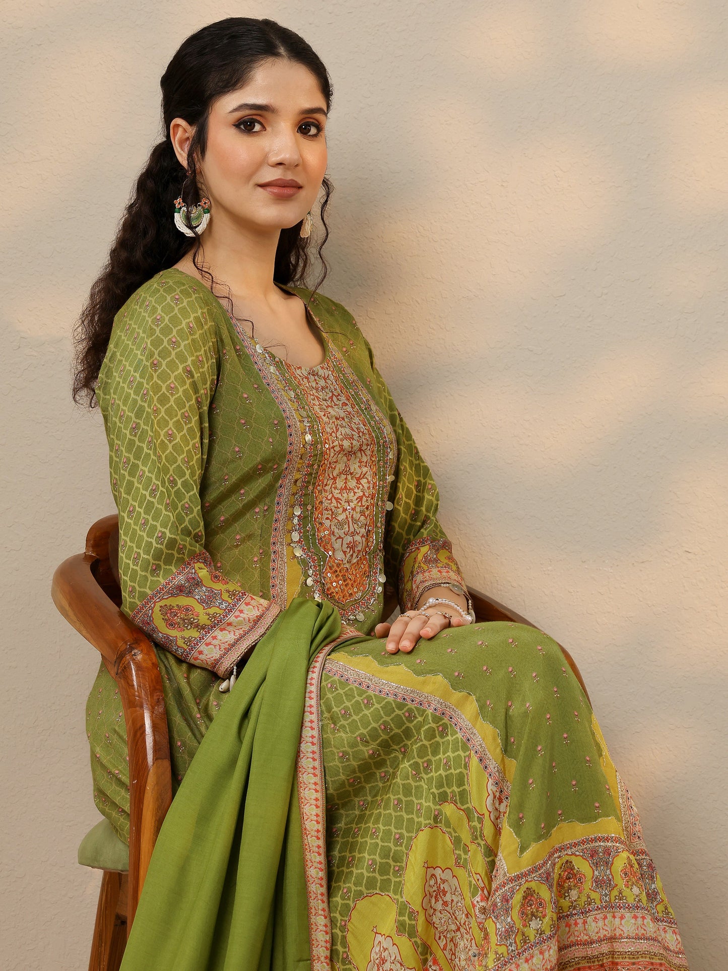 Libas Art Olive Printed Muslin A-Line Suit Set With Dupatta