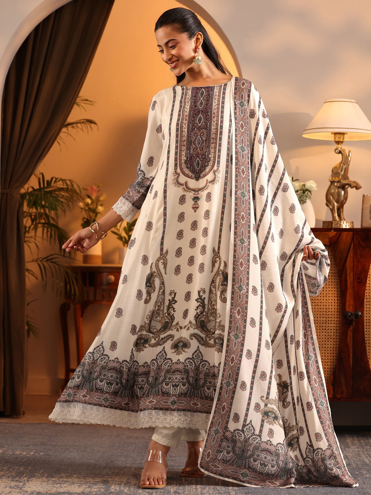 Libas Art Off White Printed Muslin A-Line Suit Set With Dupatta