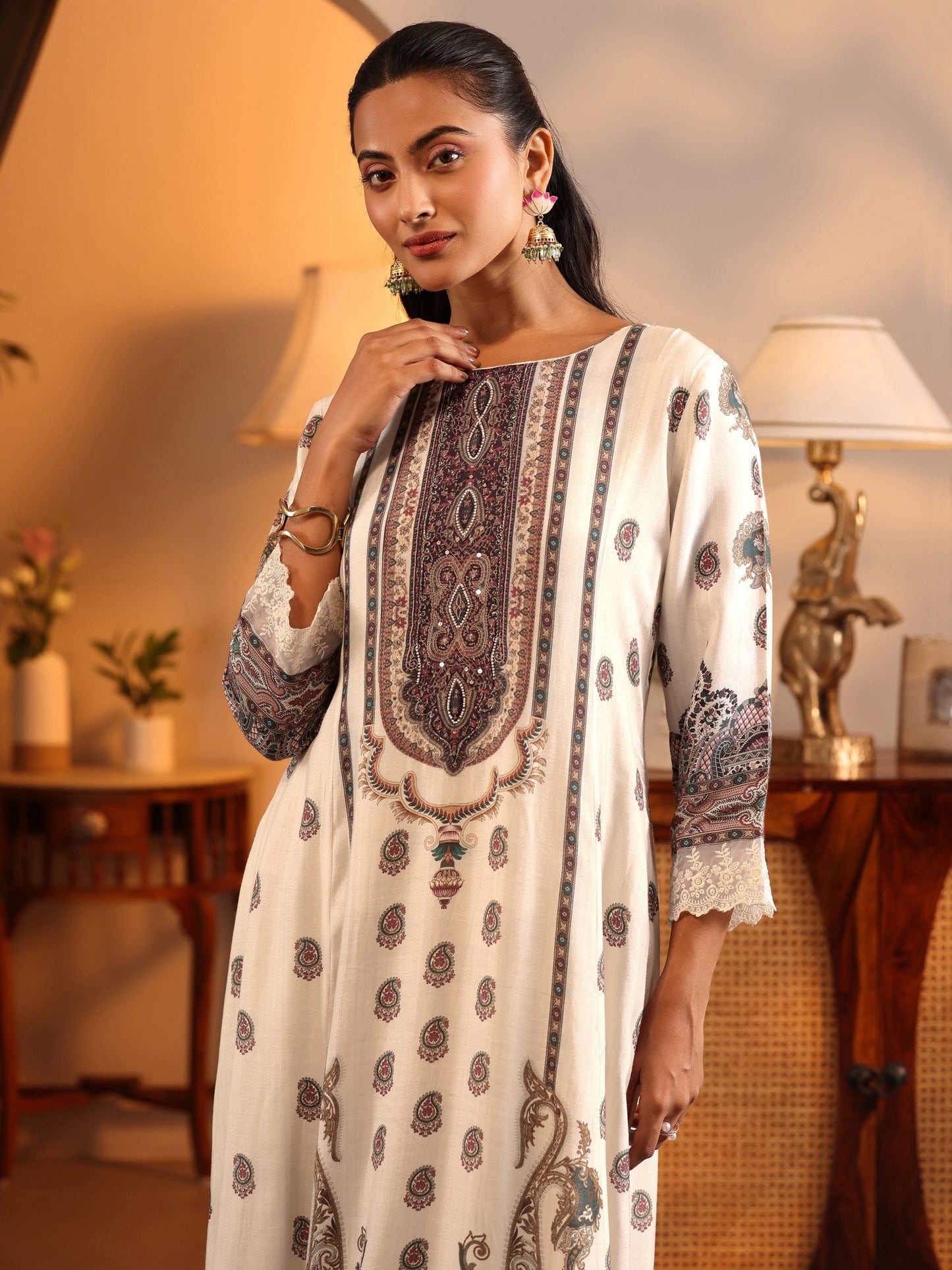 Libas Art Off White Printed Muslin A-Line Suit Set With Dupatta