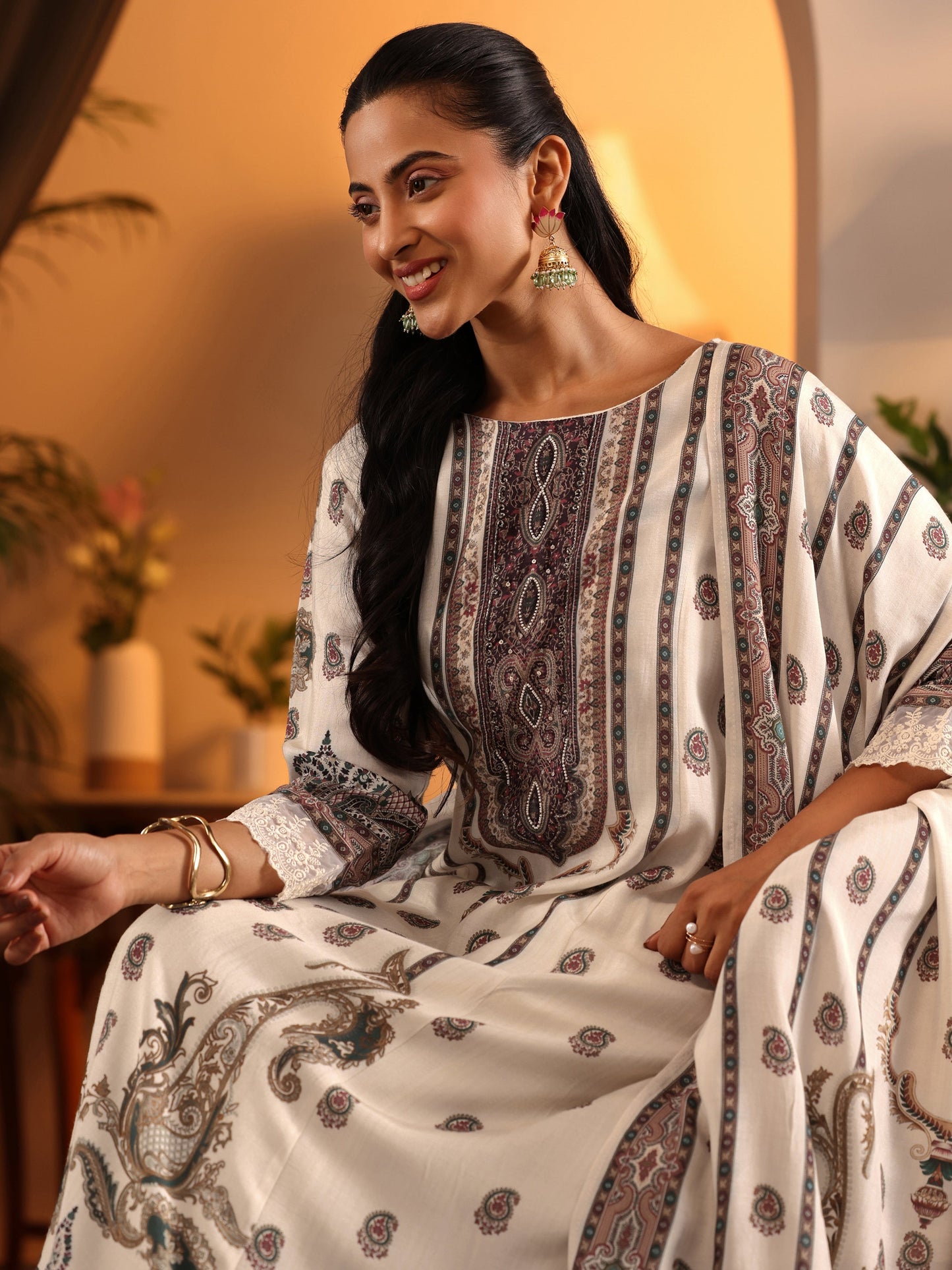 Libas Art Off White Printed Muslin A-Line Suit Set With Dupatta