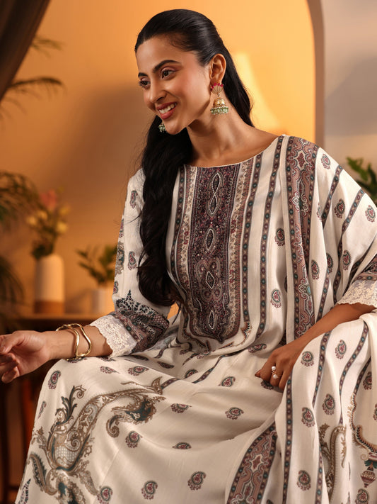 Libas Art Off White Printed Muslin A-Line Suit Set With Dupatta