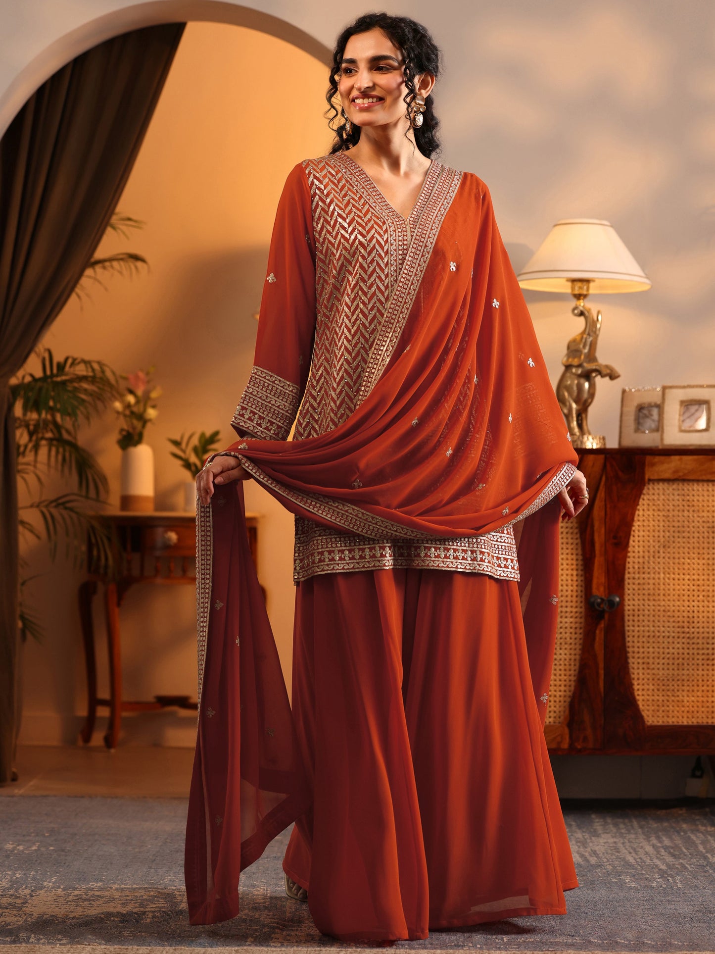 Libas Art Orange Embroidered Georgette Straight Suit Set With Dupatta
