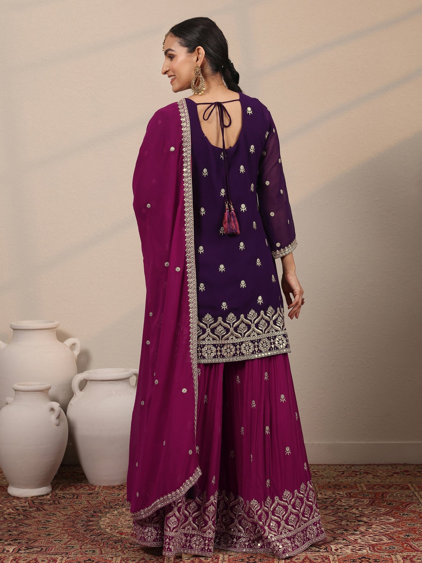 Libas Art Purple Embroidered Georgette Straight Suit Set With Dupatta